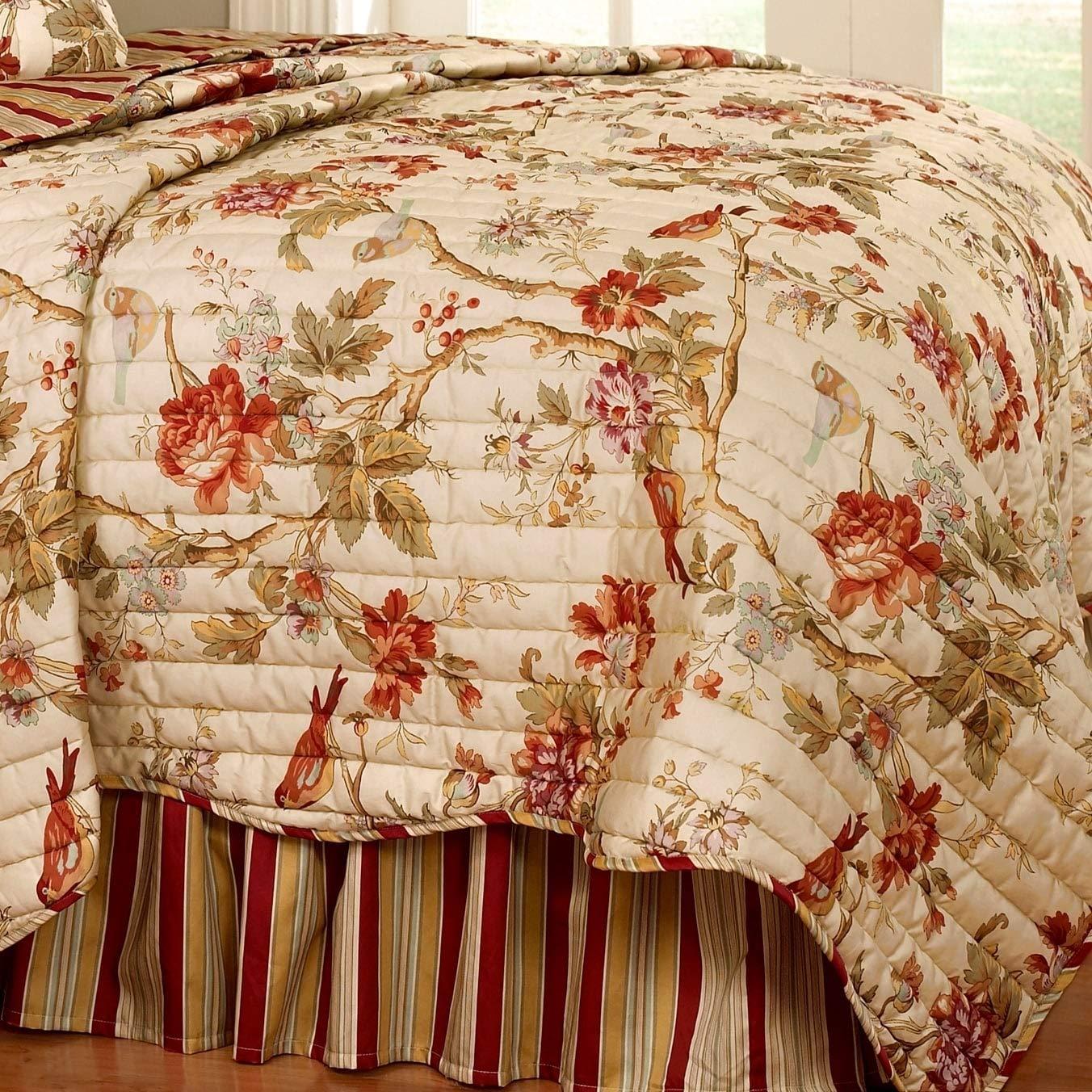 Waverly Waverly Charleston Chirp Modern Farmhouse Floral 4-Piece Reversible Quilt Bedspread Set, King, Papaya
