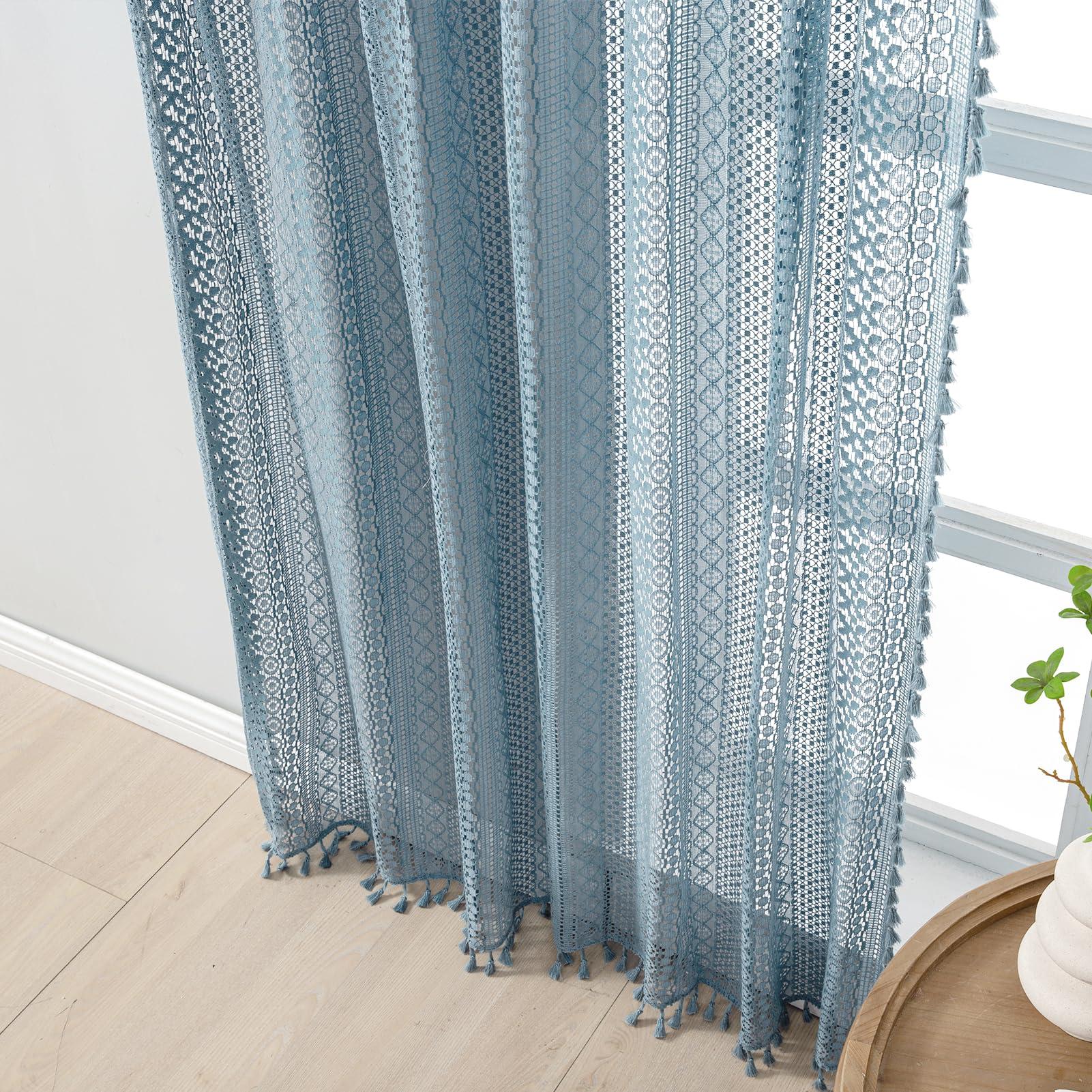 WAZZIO WAZZIO Light Blue Sheer Curtains 84 Inches Long 2 Panels Sheer Lace Pale Blue Curtains for Bedroom Living Room Rod Pocket Tassel Cotton Boho Crochet Curtains Light Filtering Privacy Drapes,Stone Blue
