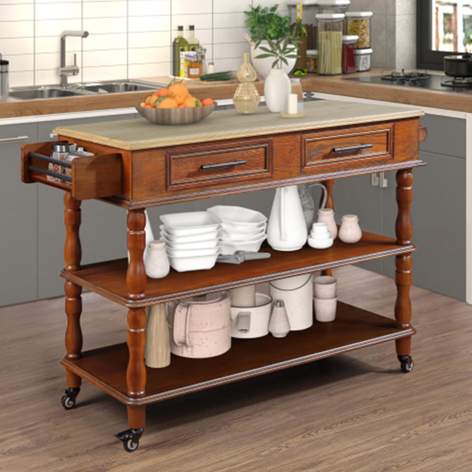 STRYWRD (5-8 days delivery)56 in Rolling Kitchen Island with Solid OAK Wood Top Two-sided Kitchen island Cart on Wheels Wine and Spice Rack Large Kitchen Cart 2 Drawers with Storage Kitchen Cart (Brown)