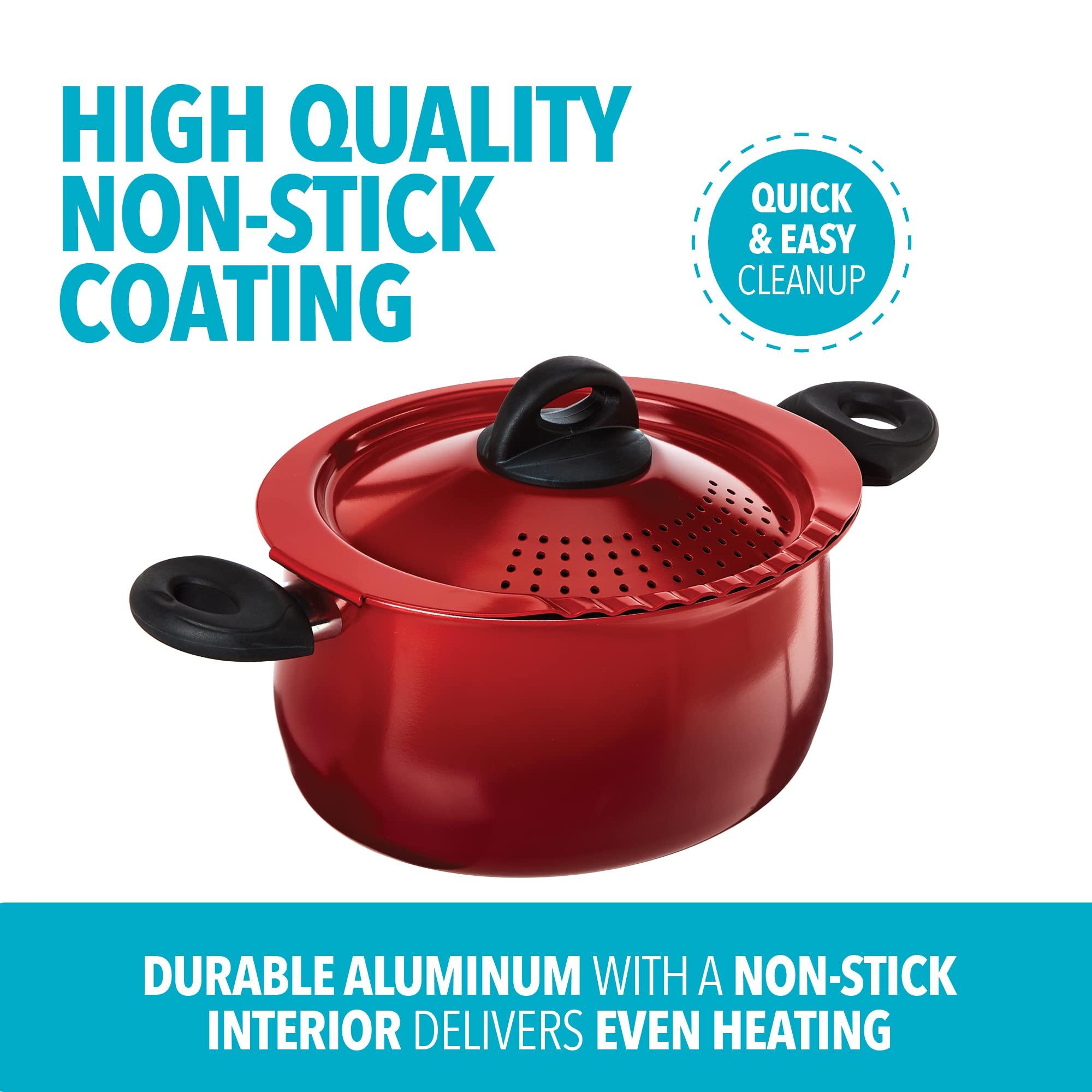 Bialetti Bialetti 5.5 Quart Pasta Pot with Strainer Lid, Red Elongated Oval Pot for Longer Spaghetti, Lasagna, Penne & Farfalle Noodles, Heat Resistant Handles & Nonstick Interior, Large Pot for Cooking