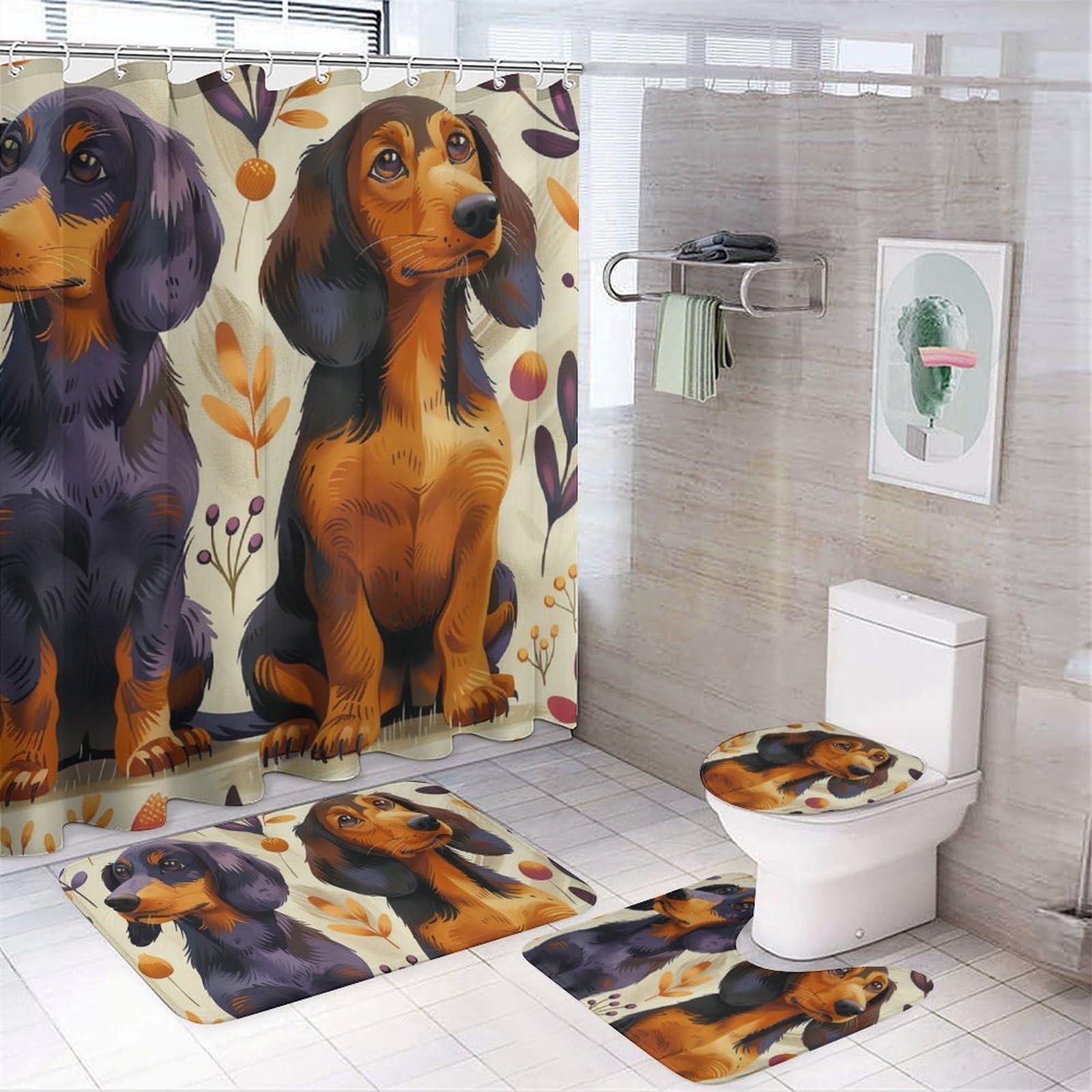 HDESDIS HDESDIS 4Pcs Cartoon Dachshund Dog Shower Curtain Sets with Rugs, Toilet Lid Cover and Bath Mat, Vintage Balloon Leaf Bathroom Shower Curtains Set with 12 Hooks