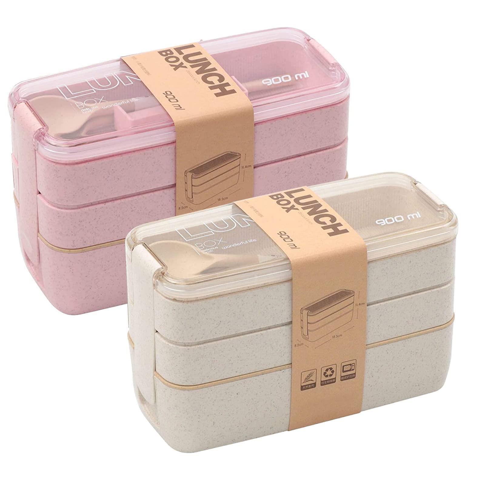 Rarapop Rarapop 2 Pack Stackable Bento Box Japanese Lunch Box Kit with Spoon & Fork, 3-In-1 Compartment Wheat Straw Meal Prep Containers for Kids & Adults (Pink/Beige)