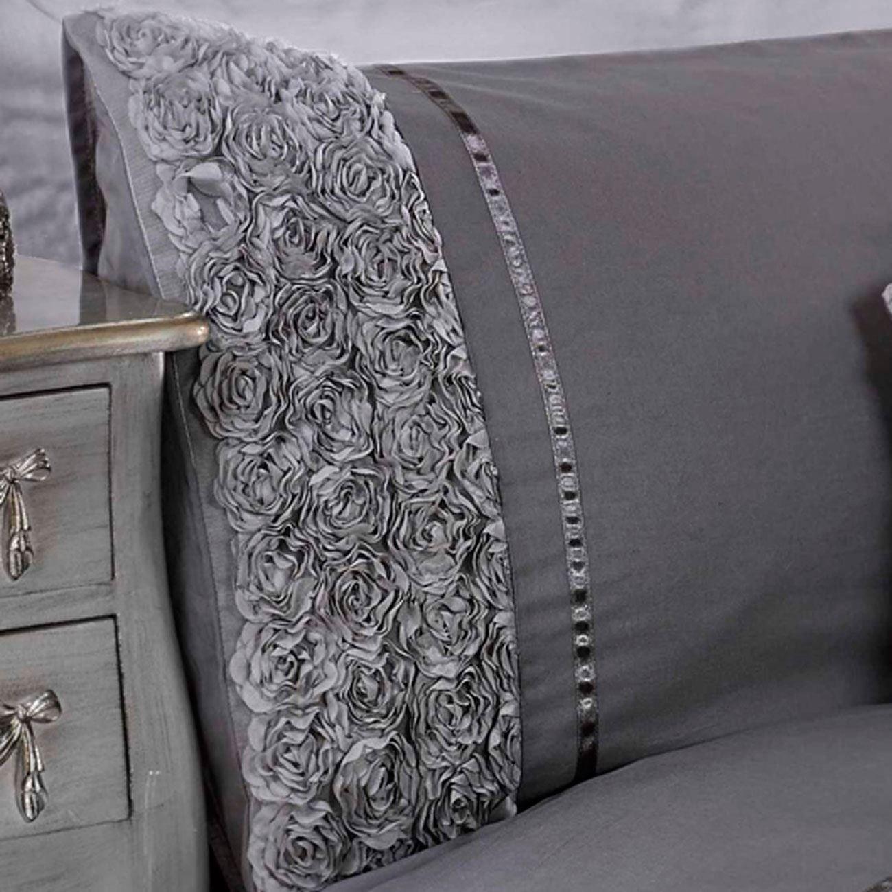 Rapport Home Chateau de Belle Maison (Super King, Grey) Raised Rose and Ribbon Duvet Cover Set, Polycotton, Grey, Super King Size