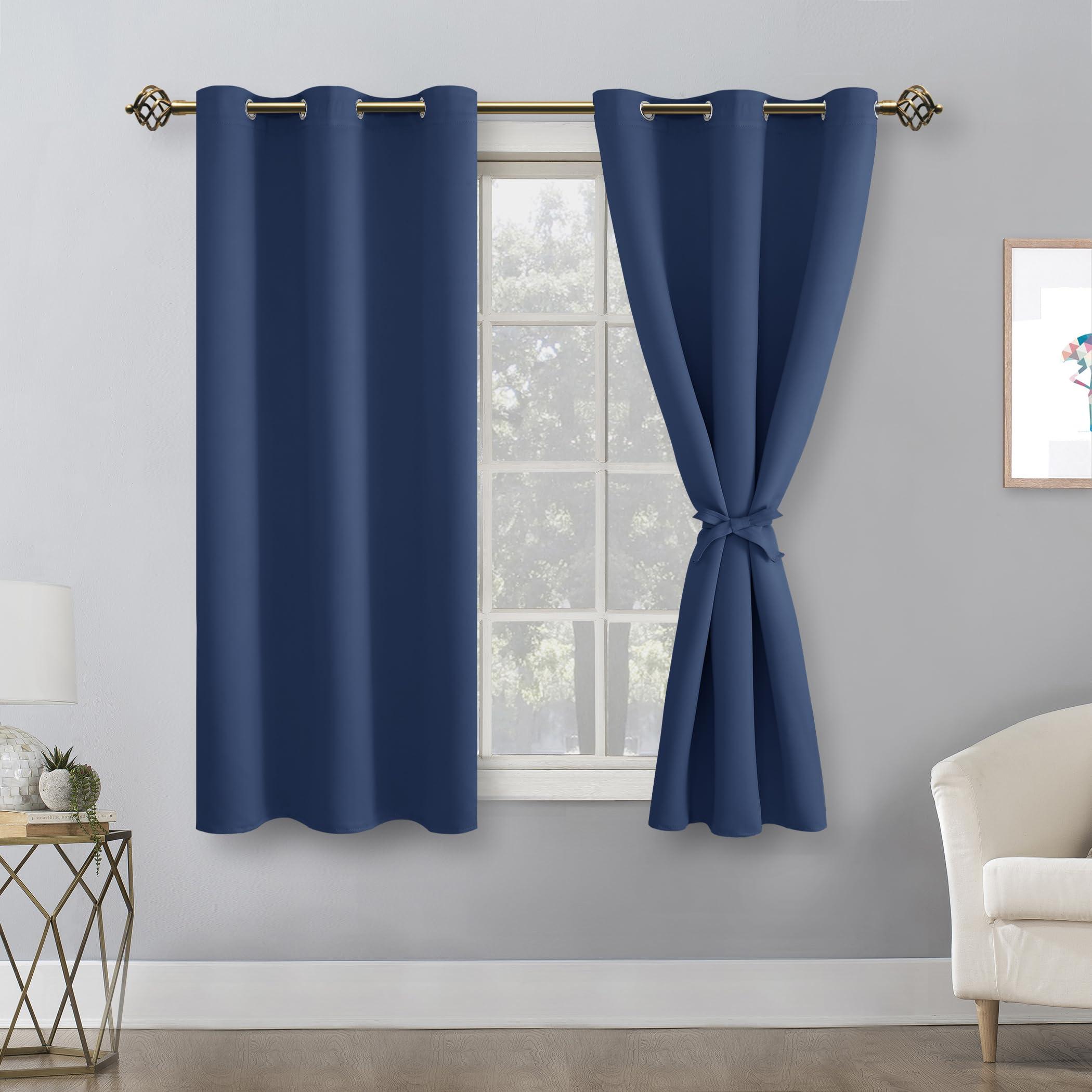 Hiasan Hiasan Short Blackout Curtains for Bedroom - Thermal Insulated & Energy Saving Window Curtains for Living Room, 2 Drape Panels Sewn with Tiebacks, Navy, 38 x 45 Inch