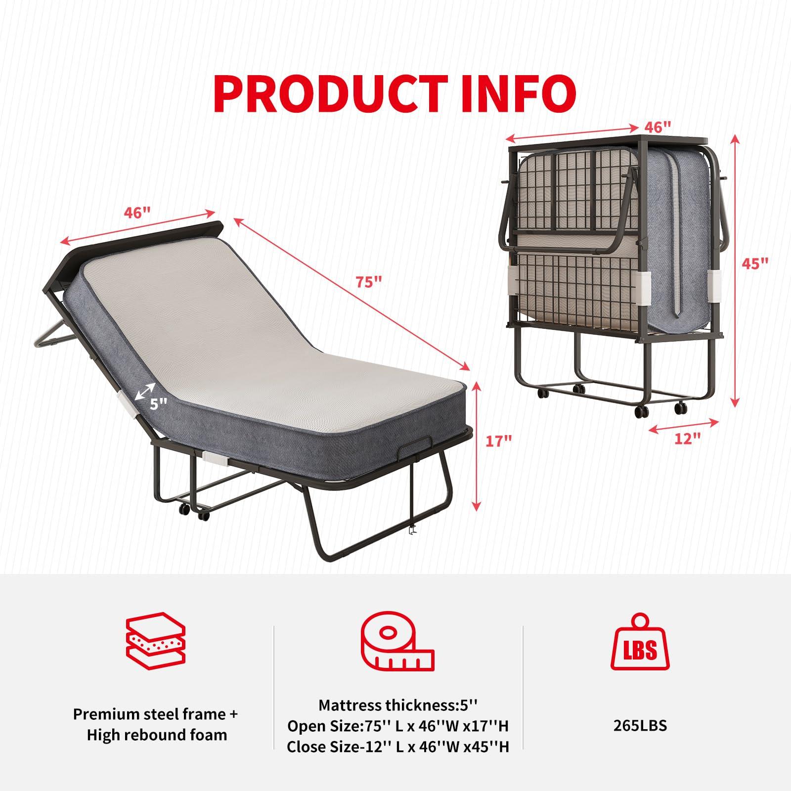 PUREMIND PUREMIND Folding Bed with 5 Inches Mattress, Upgrade Rollaway Bed for Adults with Dustproof Bag & Head Baffle, Single Portable Foldable Bed Fold Up Guest Bed with Metal Frame & Swivel Wheels