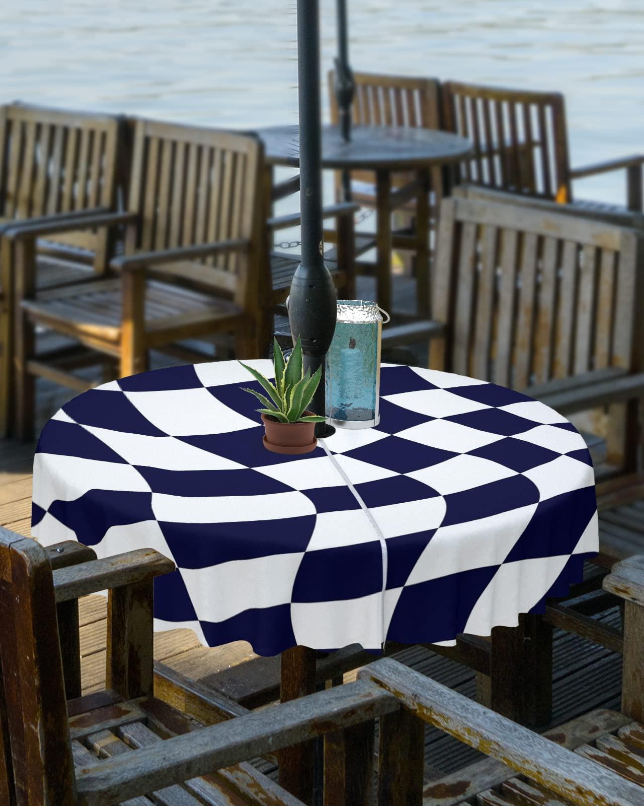 Boanket Boanket Outdoor Tablecloth with Umbrella Hole for Patio/Picnic/Party/Camping, Navy Blue White Checkered Waterproof Table Cloth Round Cover Washable, Modern Irregular Geometric (Dia 60\")