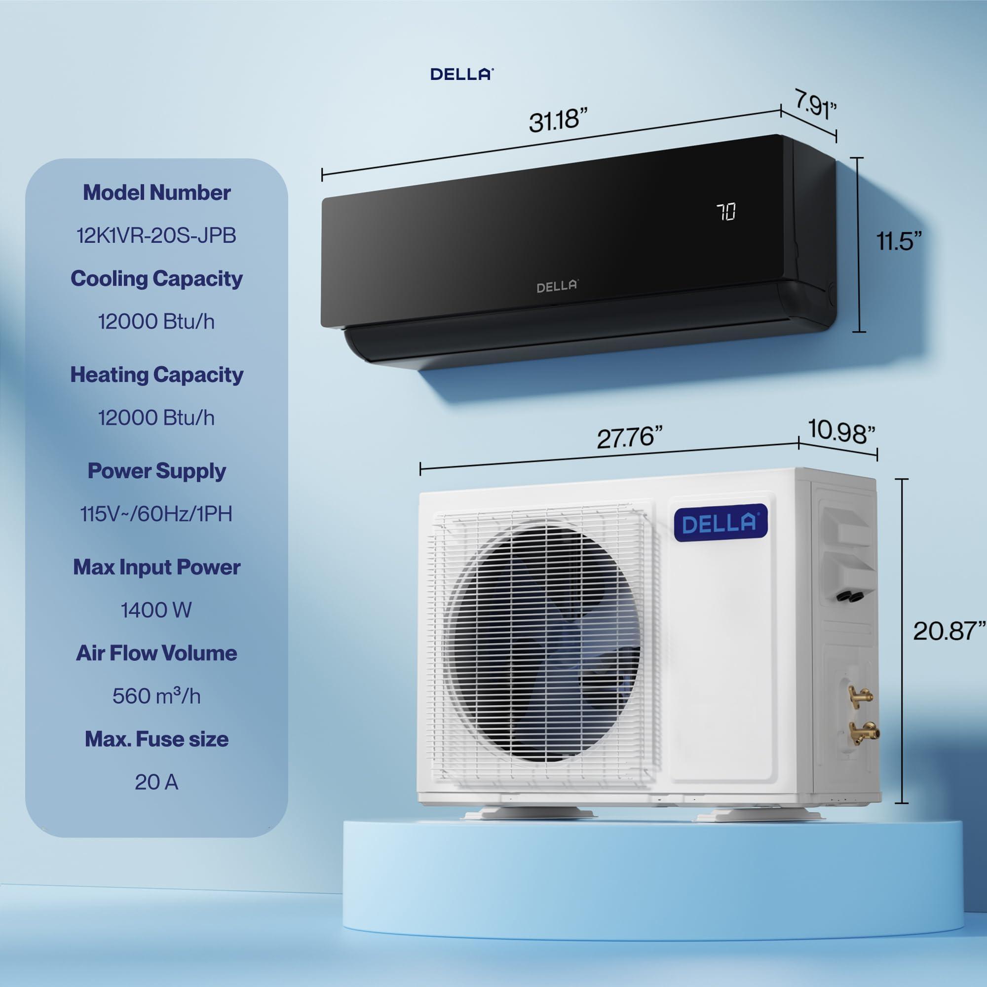 Della DELLA Umbra Series 12000 BTU Mini Split Work with Alexa 20 SEER2 Cools Up to 550 Sq.Ft Energy Saving Split AC & Pre-Charged 1 Ton Heat Pump Ductless Inverter System