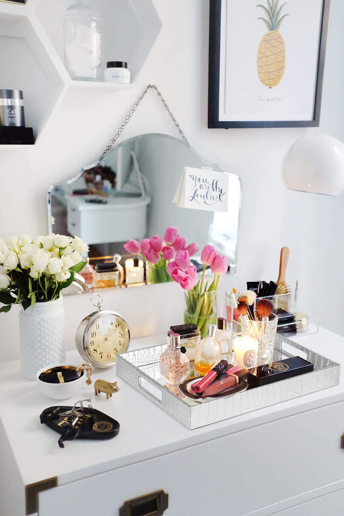 Vixdonos Vixdonos Decorative Mirror Tray Silver Serving Tray Bathrooom Vanity Tray for Makeup,Candle Holders,16.2\'\' X 12.2\" X 2\'\'