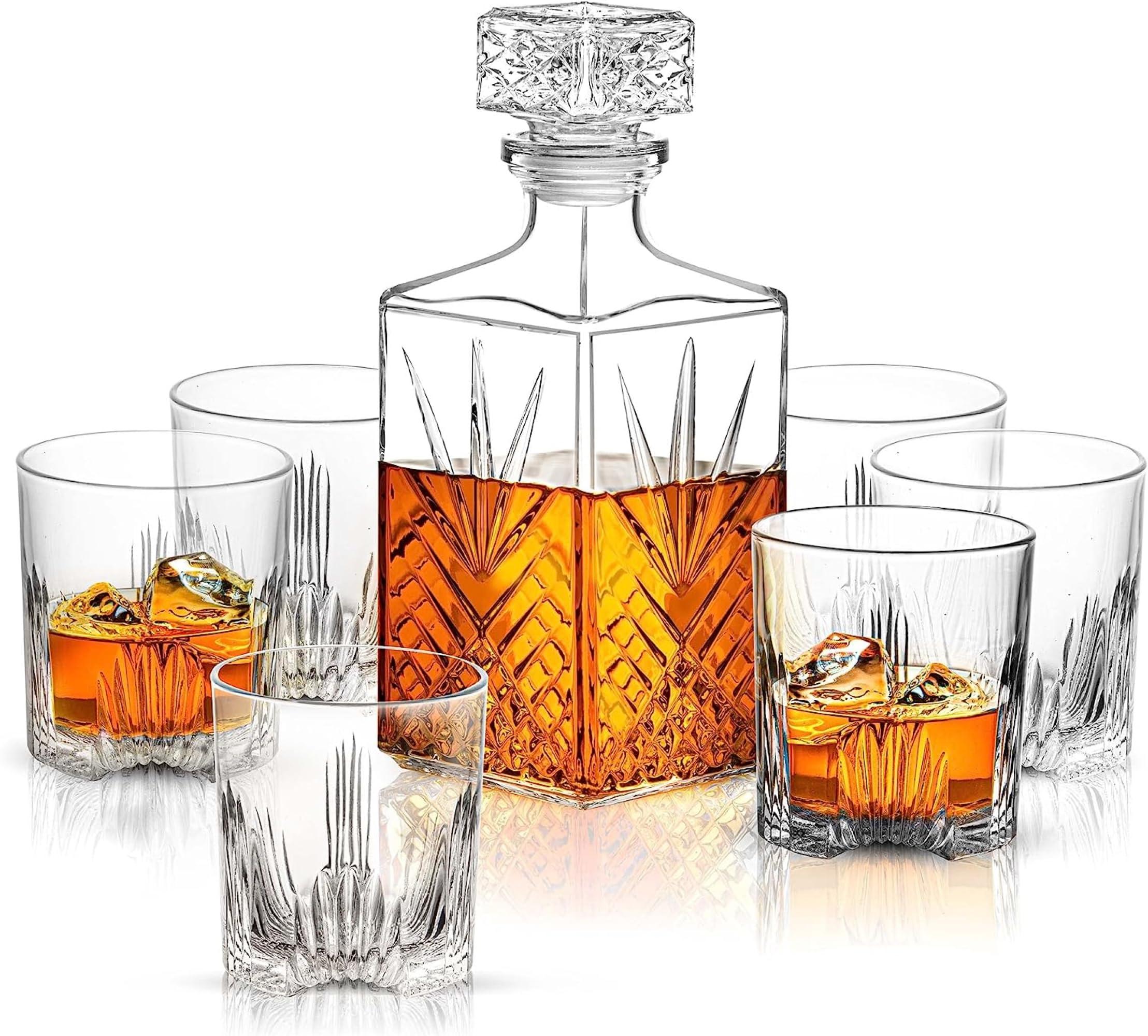 Bormioli Rocco Bormioli Rocco Selecta Collection Whiskey Gift Set – Sophisticated Etched 33.75oz Decanter & 6 9.5oz Glass Tumblers With Starburst Detailing – For Whiskey, Bourbon, Scotch & Liquor