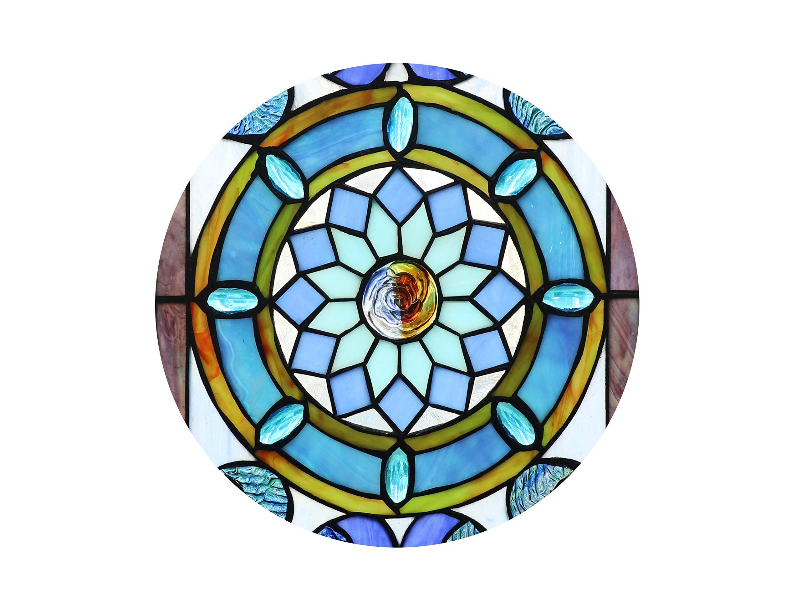 Yogoart Yogoart Extra Large Horizontal 35 Inch Blue Victorian Stained Glass Window Panels Hanging Transom Window 12 Inch Wide