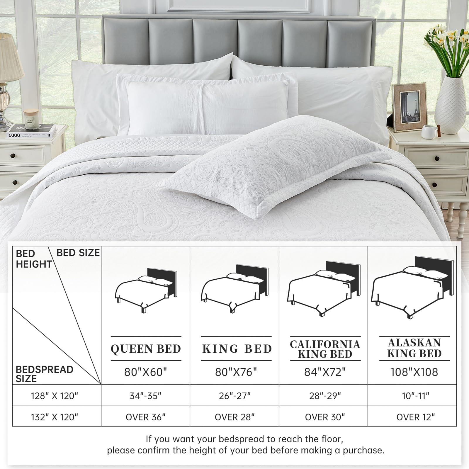 SUCHBED SUCHBED California King Bedspread Set Oversized King Bedspreads 128x120 inches Cal King Quilt Bedding Set Extra Wide King Quilt Paisley Quilt White Coverlet Sets with Shams