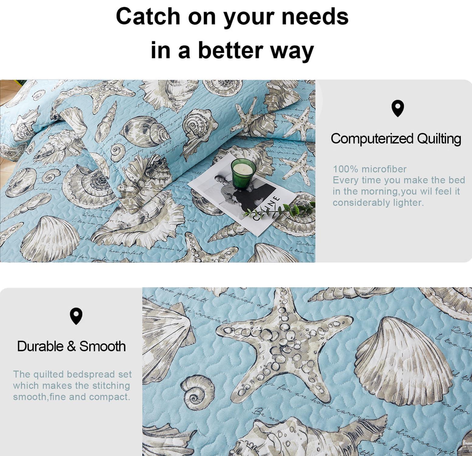 Ycosy Coastal Quilt Set Full/Queen Size Ocean Themed Bedding Summer Beach Quilts Set Lightweight Reversible Bedspread Coverlets Seashell Starfish Seaweed Bed Spread Soft Home Bed Cover with 2 Pillow Shams