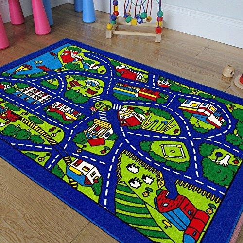 Champion Rugs CR Kids/Baby Room/Daycare/Classroom/Playroom Area Rug. Roads. Town. City. Race Car Tracks. Educational. Fun. Non-Slip Gel Back. Blue. Bright Colorful Vibrant Colors (3 Feet X 5 Feet)