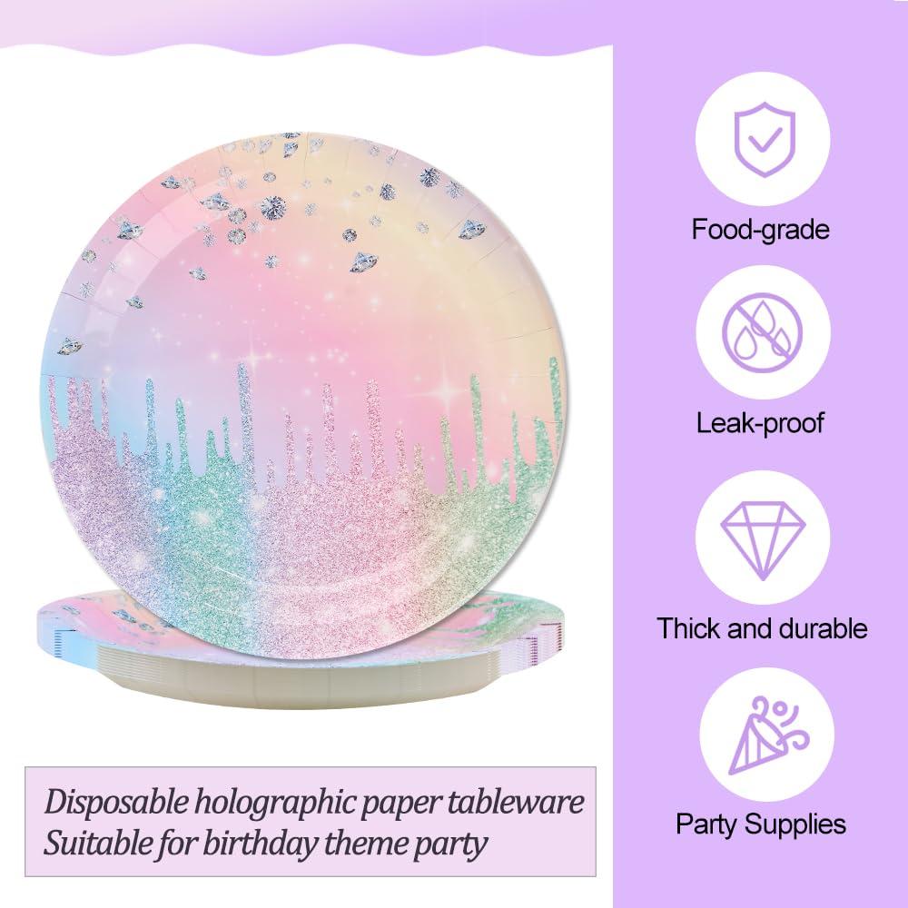 IPEWOEF Gradient Diamond Birthday Party Supplies Macaron Glitter Holographic Disposable Tableware Iridescent Party Decorations Paper Plates Napkins Banner Tablecloth for Girl Kid Baby Shower Wedding 10 Guests