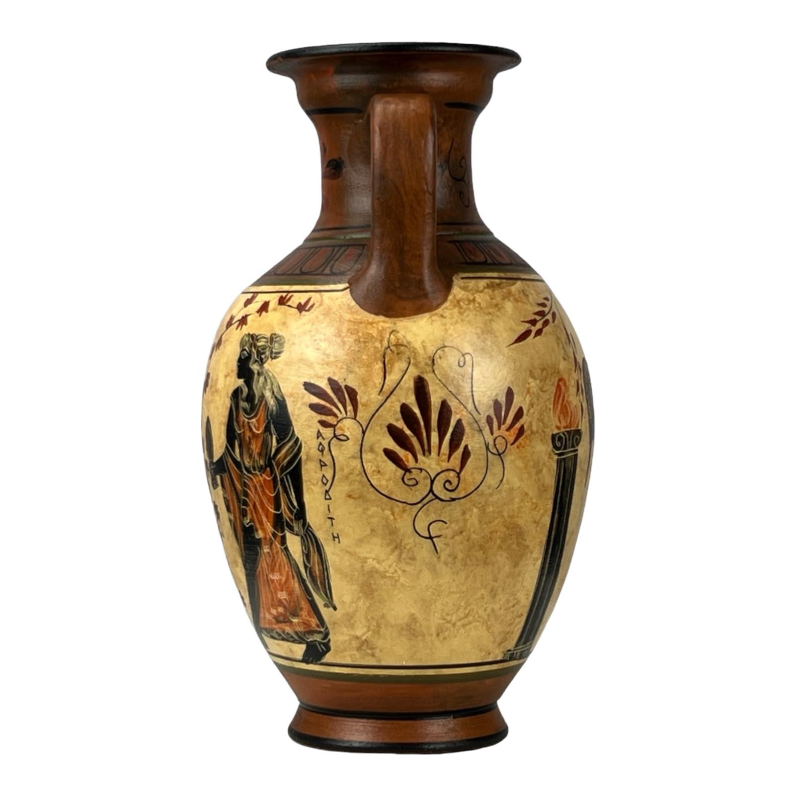 greekartshop Ancient Greek Vase Amphora Goddess Athena & Aphrodite & God Dionysus 10.24\'\' Handmade Ceramic Red & Orange Round Vase