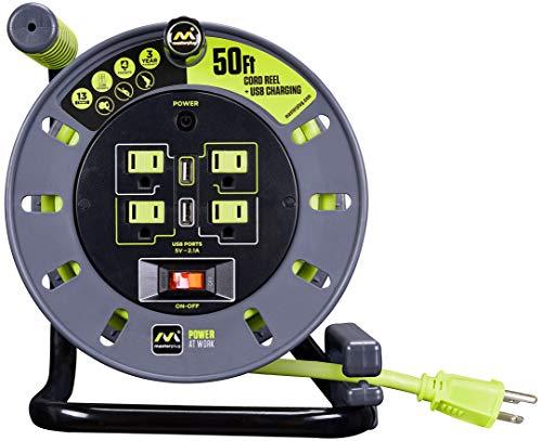 Masterplug Masterplug 50ft Cord Reel, Retractable Extension Lead with Winding Handle, Safety Overload Circuit Breaker and Power Switch, 4X Grounded Outlets, 2X USB Ports, 13amps, 14AWG Cable