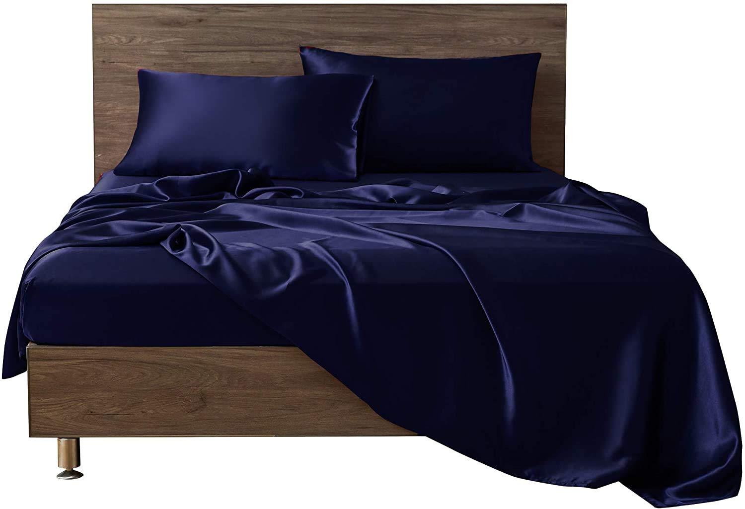 Glamour Bedding Glamour Bedding Satin Hotel Luxury Wrinkle, Fade, Stain Resistant Bed Sheets, Set, 4 Pcs Silky Bedding Set with 14 Inches Deep Pocket for Mattress Full, Navy Blue