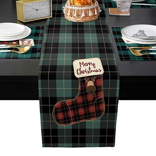 QueenKer Christmas Table Runner Placemats Set of 6 Xmas Reindeer Green Red Black Buffalo Plaid 90 Inches Long Table Place Mats for Holiday Kitchen Dining Wedding Farmhouse Party Home Decoration