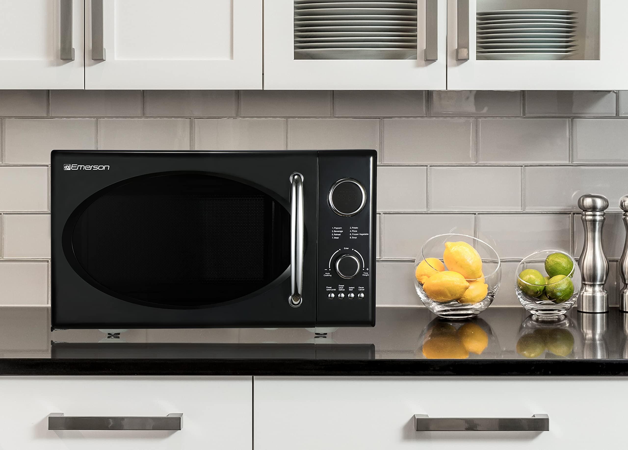 Emerson Emerson MWRG0901BK Retro Compact Countertop 800W Microwave Oven with 1,000W Grill Function, LED Display, 5 Power Levels, 8 Auto Menus, Glass Turntable and Child Safe Lock, 0.9 Cu. Ft., Black