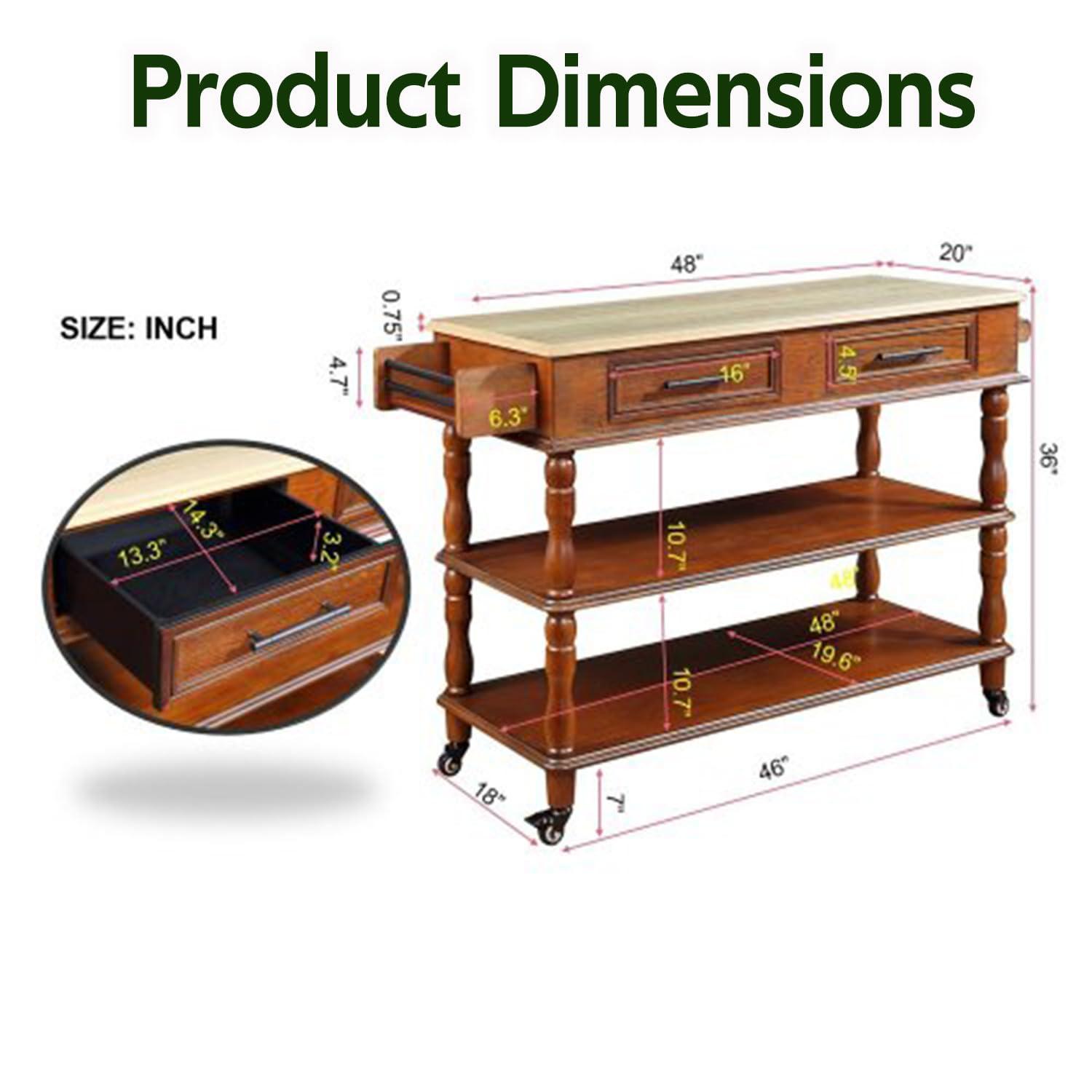 STRYWRD (5-8 days delivery)56 in Rolling Kitchen Island with Solid OAK Wood Top Two-sided Kitchen island Cart on Wheels Wine and Spice Rack Large Kitchen Cart 2 Drawers with Storage Kitchen Cart (Brown)