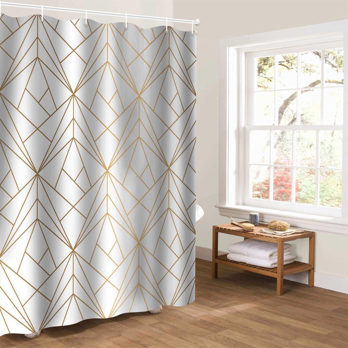 Houseown Shower Curtain, Gold Yellow Line Geometric Patterned Washable Shower Curtain with Hooks Bath Decor Fabric Shower Curtains for Bathroom, Hotel, Stalls, Bathtubs, 36x72 in