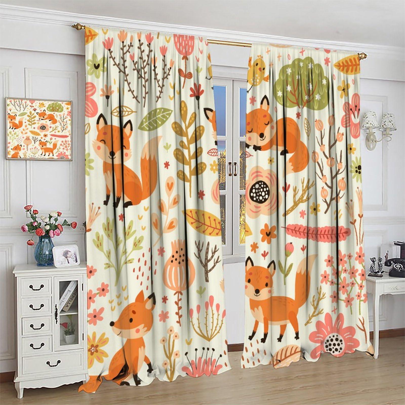 QLYYDS Cartoon Animal Curtains Autumn Forest Flowers Fox Bird Print Pattern Window Drapes for Nursery Baby Bedroom Playroom Fabric 2 Panel W42xL84in