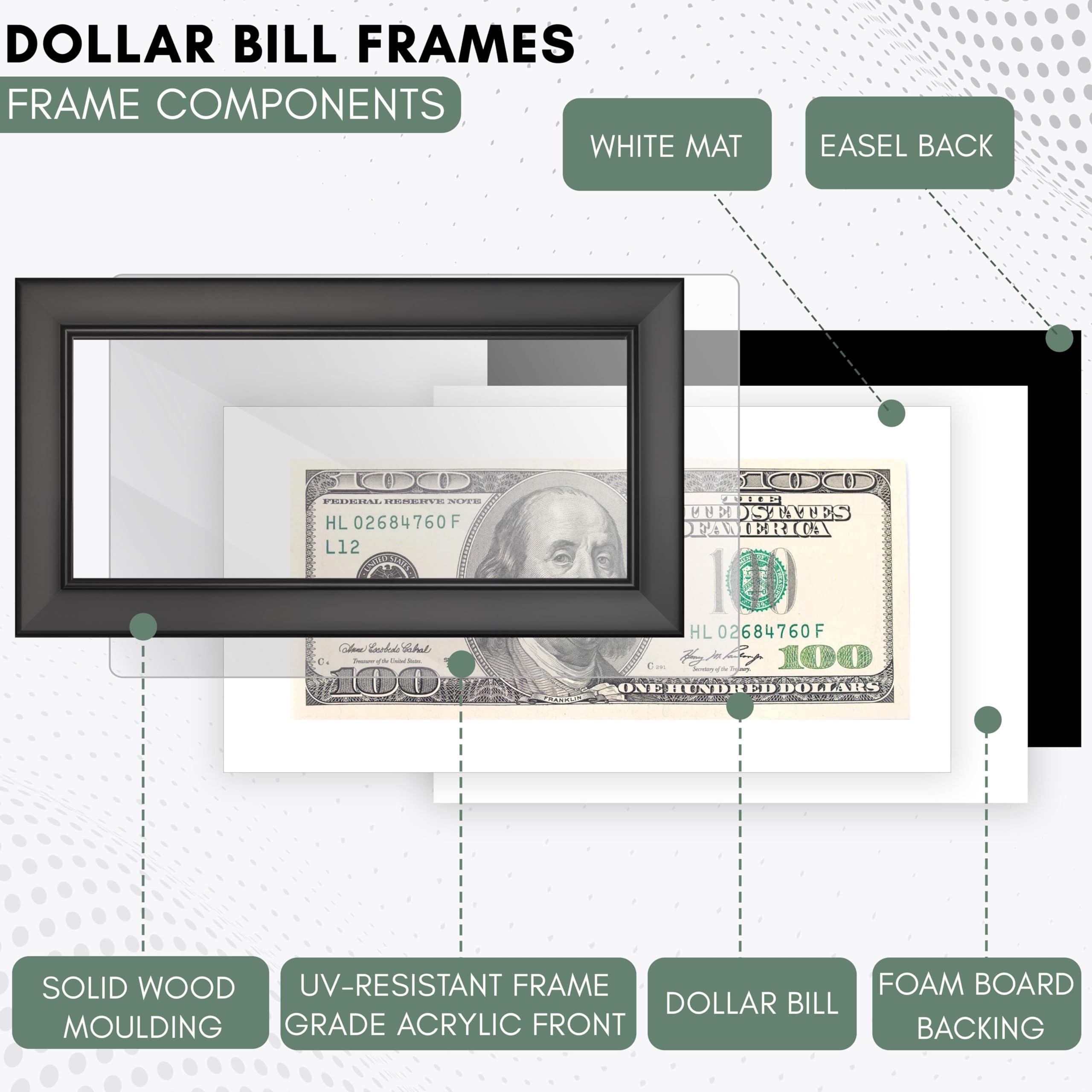 CountryArtHouse CountryArtHouse Traditional Black First Dollar Frame with White Photo Mat, Dollar Bill Holder with Easel Stand and Wall Hanger Included