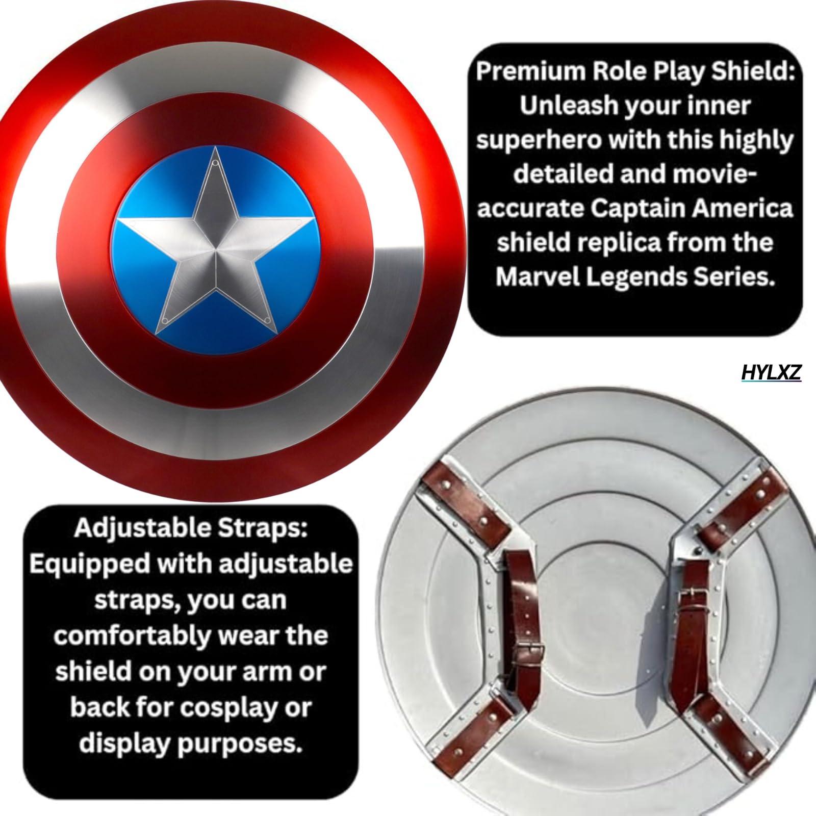 HYLXZ Captain America Shield Metal, Stainless Steel Rust free, Marvel Legends Series, Captain America Premium Role Play Shield, Adult Fan Costume & Collectible, Wall Decor, Leather Grip. Full Size