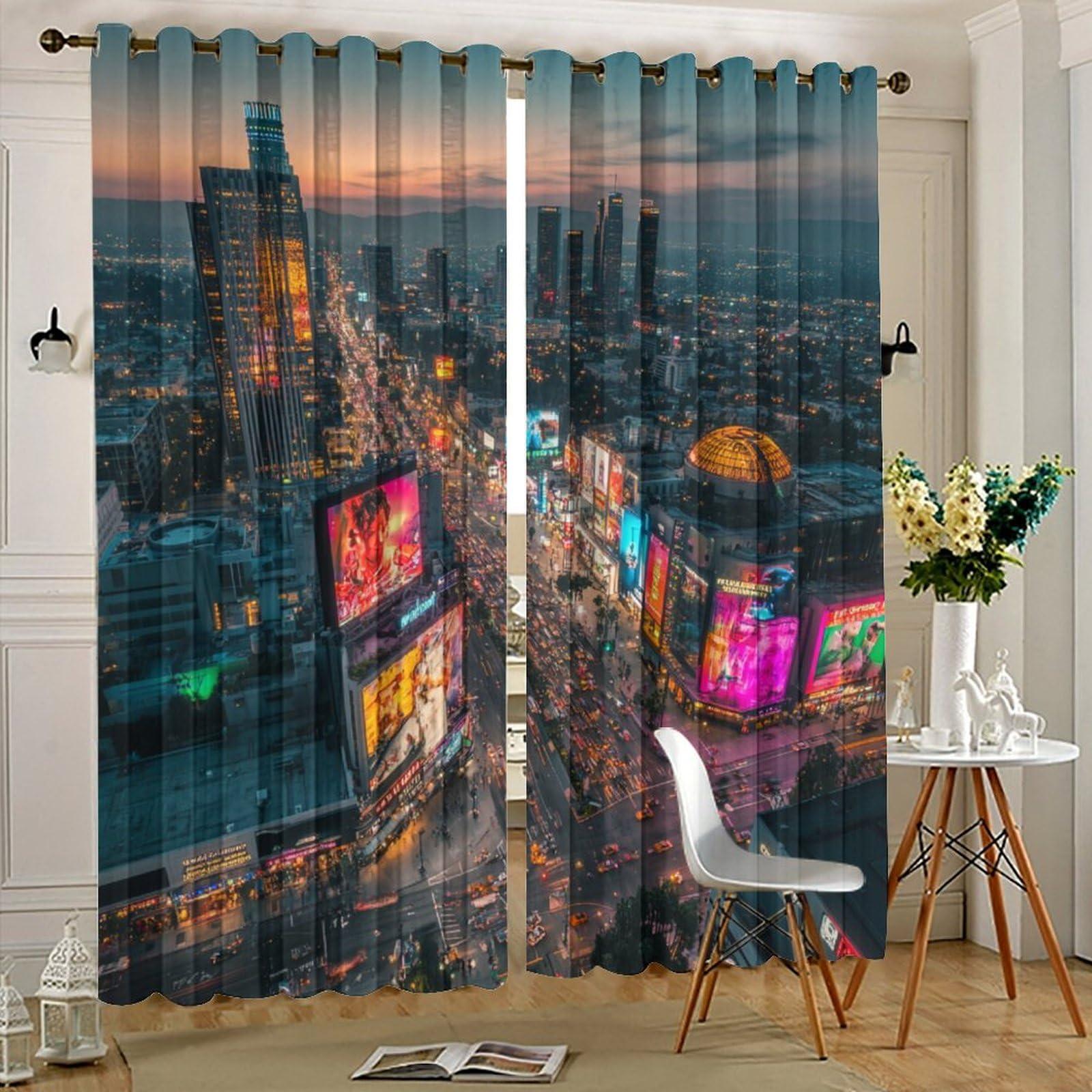 HDESDIS HDESDIS Skyline Urban Sunset Grommet Blackout Curtains for Bedroom, Night Lights Scenic Cityscape Thermal Insulated Curtains Room Darkening Window Drapes, 21W x 63L, 2 Panels