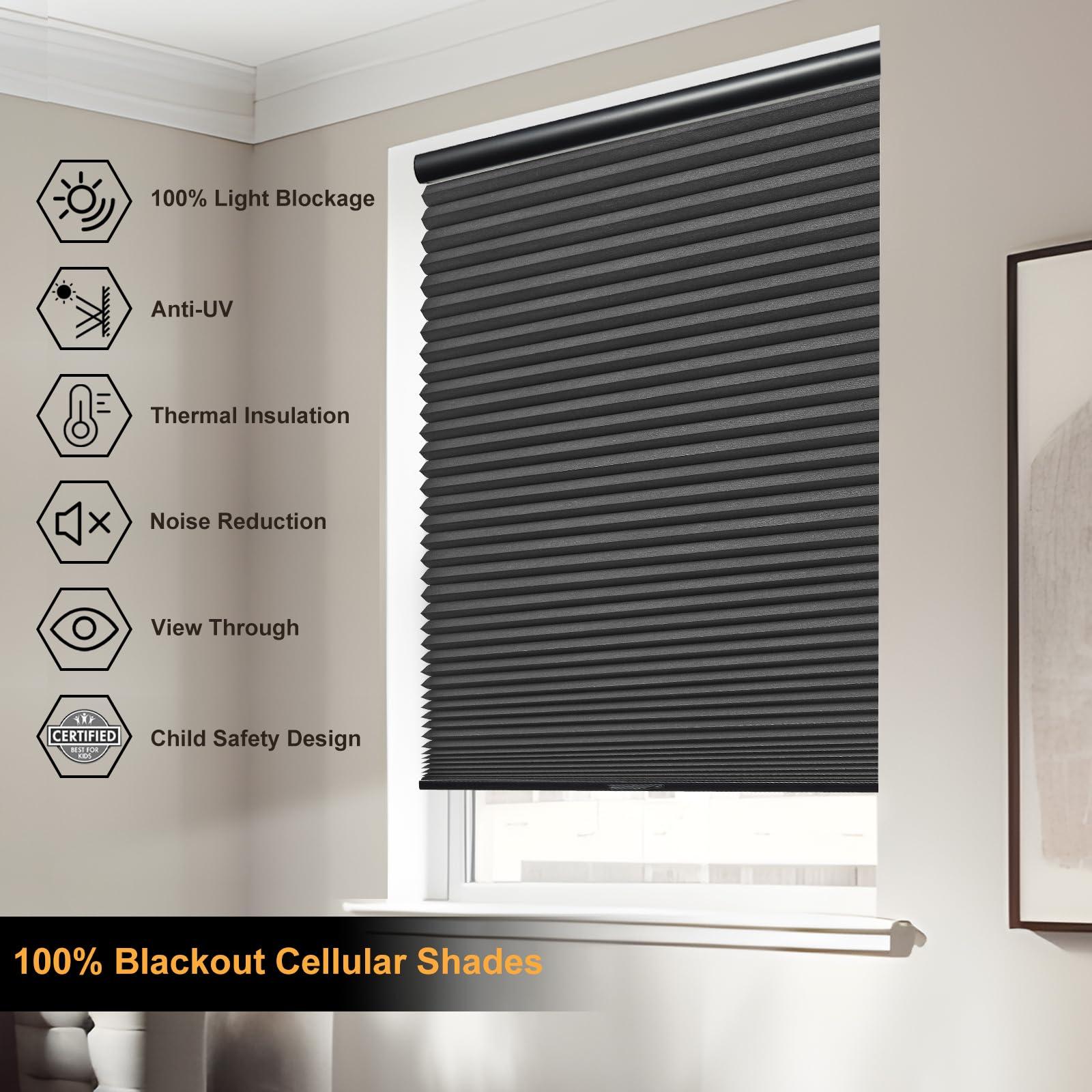 Persilux Persilux Custom Cellular Shades Cordless 100% Blackout Blinds for Windows (Black, 91" W x 86" H) 1.8" Single Honeycomb Window Blinds Thermal Insulated Room Darkening Shades for Windows, Home, Bedroom