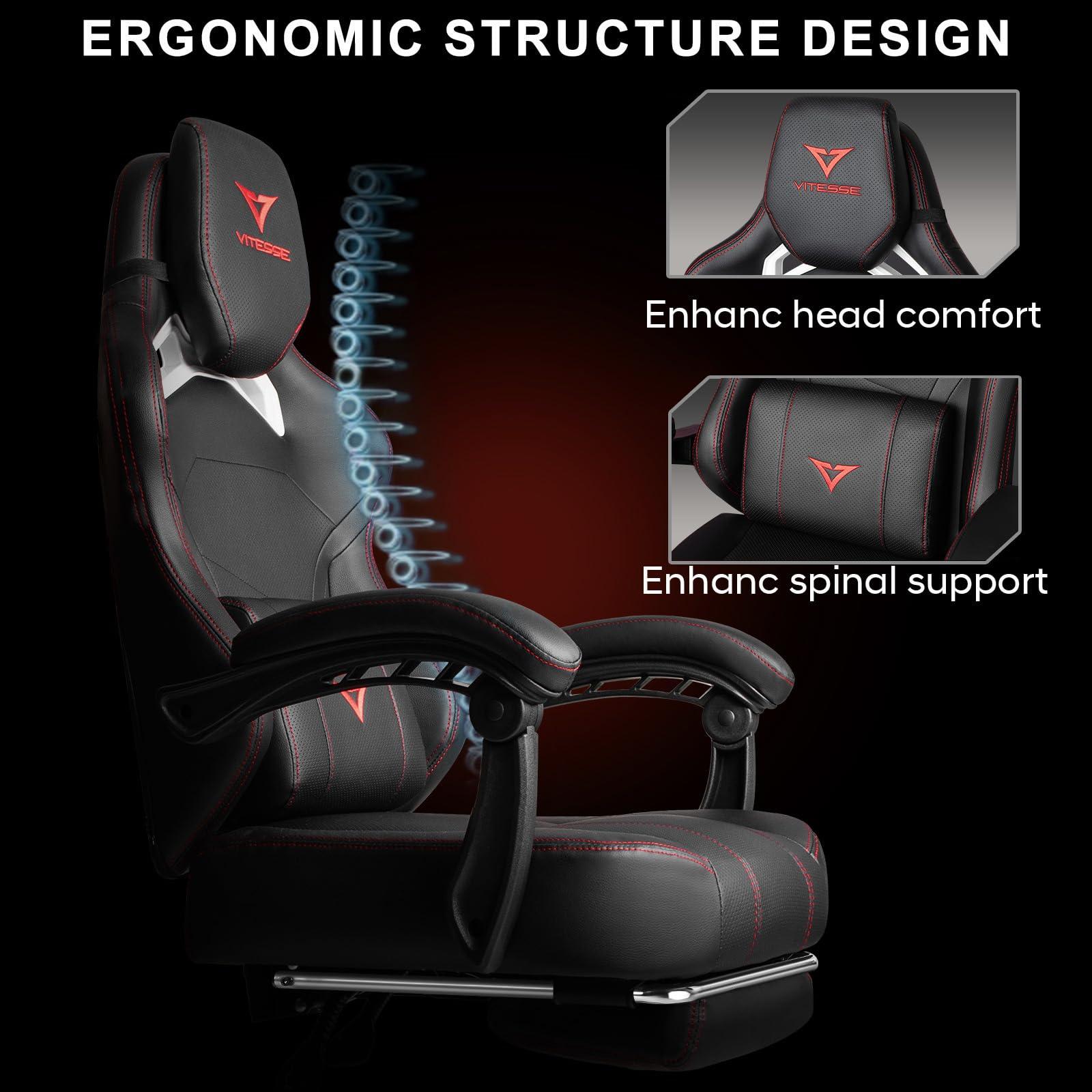 VITESSE VITESSE Big and Tall Gaming Chair 400lb Weight Capacity with Footrest, Ergonomic Video Game Chair for Adults with Oversized Headrest and Lumbar Pillow, Computer Chair Gaming for Office (Black+Red)