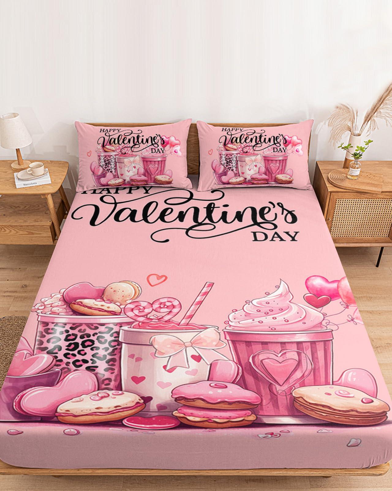ZFUNCING Valentine\'s Day Fitted Sheet Twin XL Size,Dessert Macaron Cake Drinks Bottom Sheets Bedding Set 2pcs for Girls Women Room Decor,Romantic Pink Deep Pocket Bed Sheet&Pillowcases