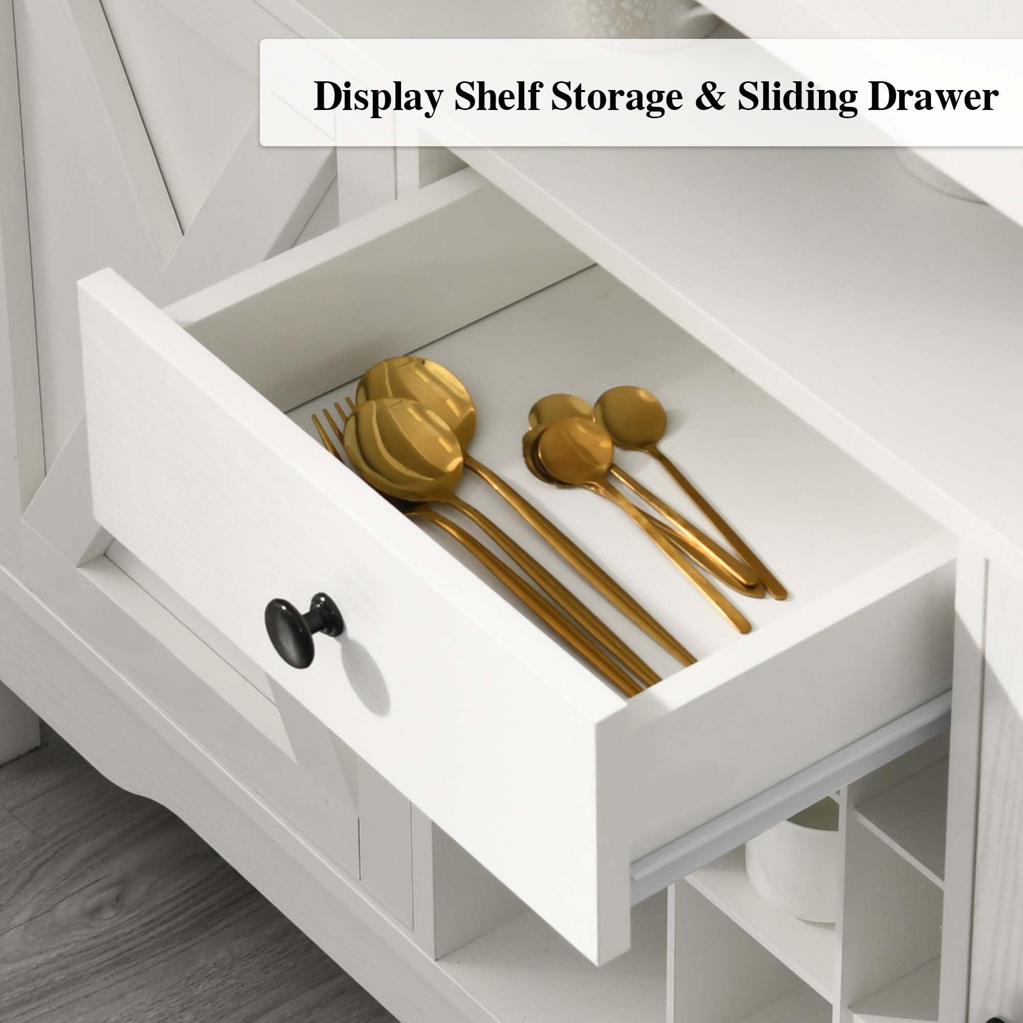 Catrimown Coffee Bar Cabinet with Storage, 47 White Coffee Station Cabinet, Farmhouse Coffee Bar Buffet Cabinet with Drawer, 9 Wine Racks, Barn Doors for Kitchen, Living Room