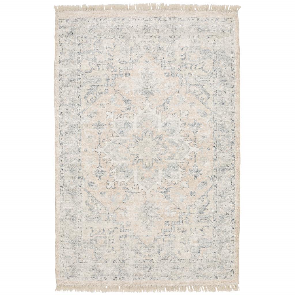 HomeRoots 10' X 13' Beige and Grey Oriental Hand Loomed Stain Resistant Area Rug with Fringe
