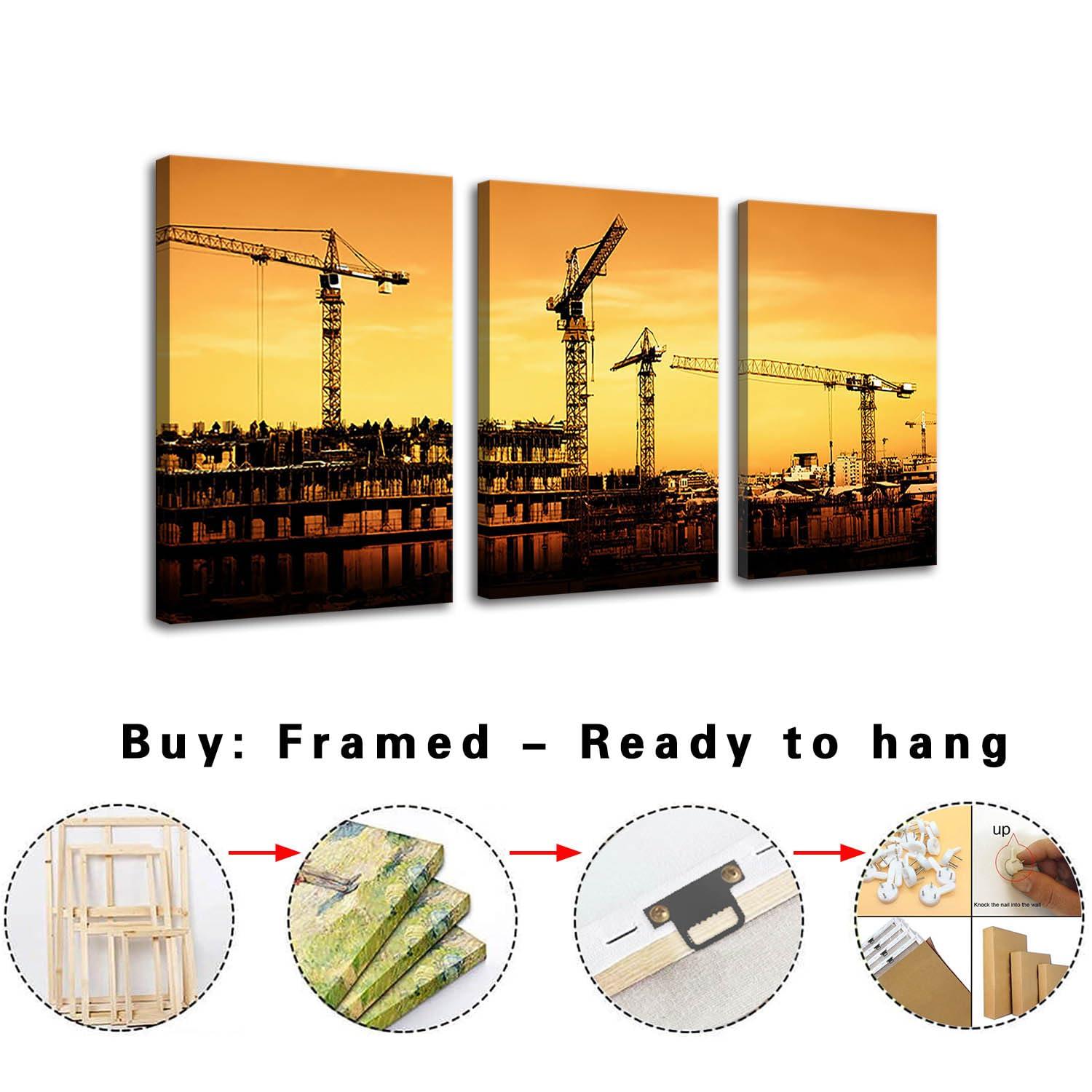LBWIG ART Office Building Construction site Wall Artwork Vintage Paintings Print on Canvas Home Decor Wall Art 3 Panels Framed 16x24inchx3