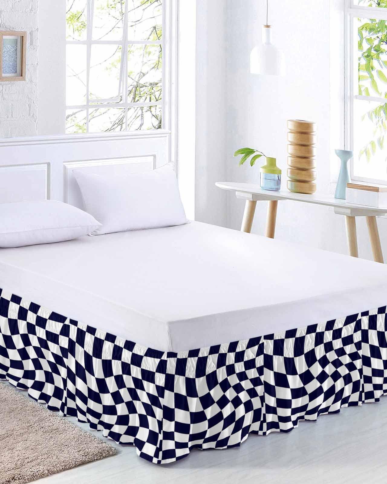 Sabolny Modern Black Bed Skirt King Size 18 Inch Drop, Adjustable & Elastic Wrap Around Bed Skirts Pleated Luxury Dust Ruffles for Twin Full Queen Cal King Base Bed, Geometric White Checkered Lattice
