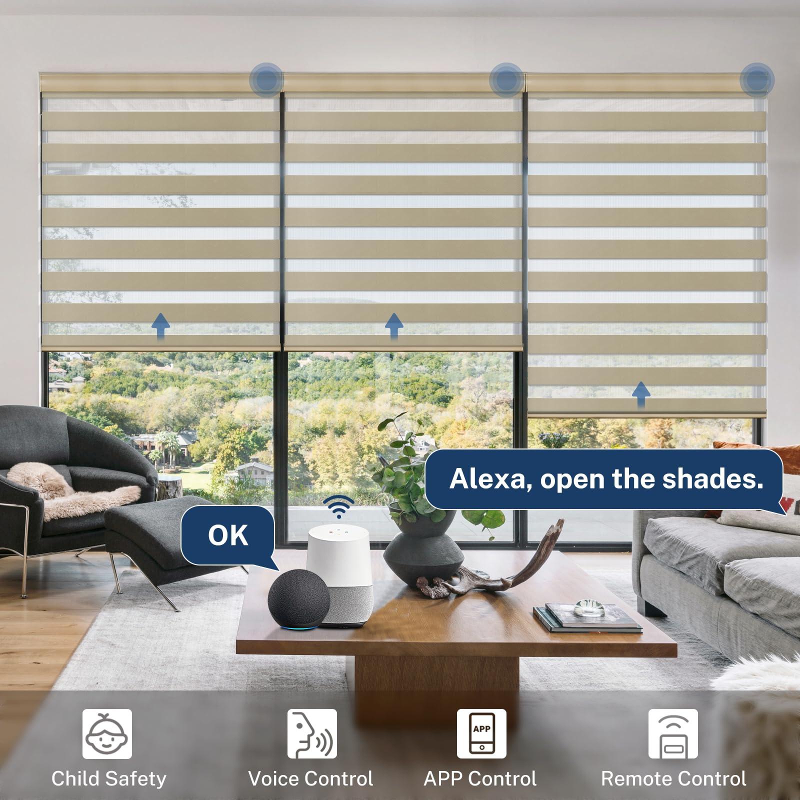 Keego Keego Motorized Blinds with Remote Zebra Blinds for Windows Electric Smart Blinds Compatible with Alexa in Home Office Living Room(Blackout,Sand,31Wx64H)