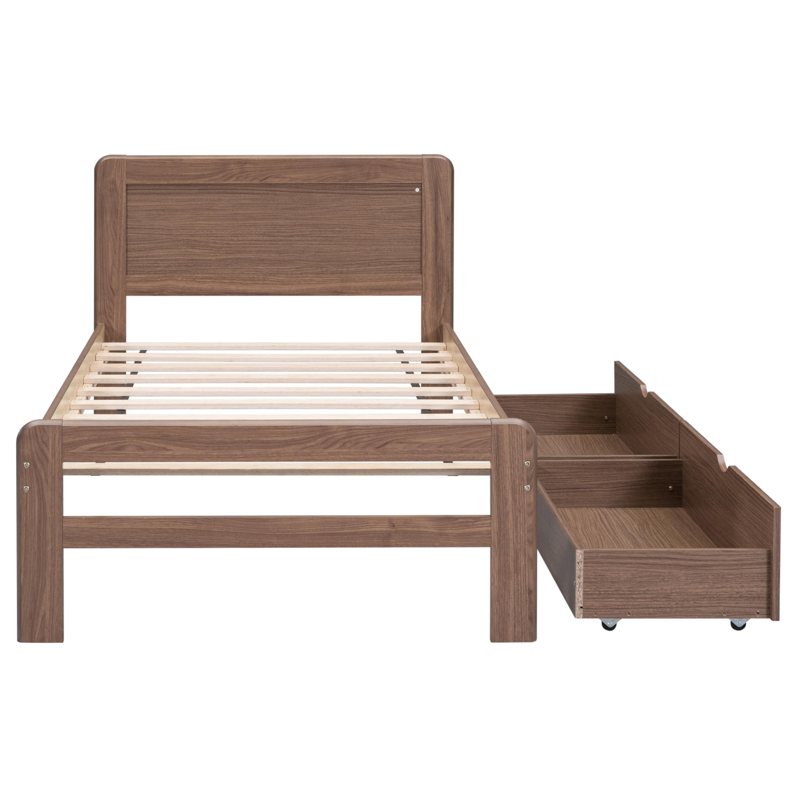 HomeLoft Basics Modern Design Twin Size Platform Bed Frame with 2 Drawers for Walnut Color