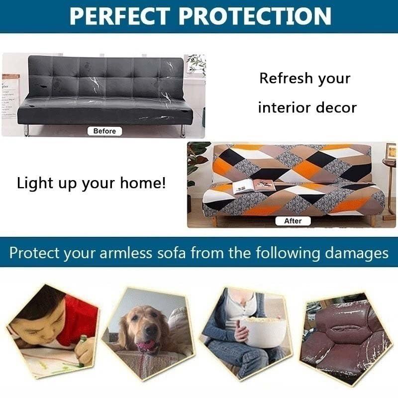 FIBITA Armless Sofa Bed Cover Stretch Futon Slipcover 2/3 Seater , Printed Spandex Armless Couch Cover Folding Armless Loveseat Furniture Protector with Elastic Bottom for Living Room ( Color : #18 , Size :