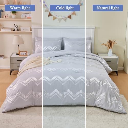 Wowelife Wowelife 6 Pieces Silver Grey Twin Comforter Set Gray Kids Twin XL Comforter Bedding Sets College Dorm for Girls & Boys Bed in A Bag Glitter with Sheets for Kids, 2 Pillow Shams and 1 Pillow Case