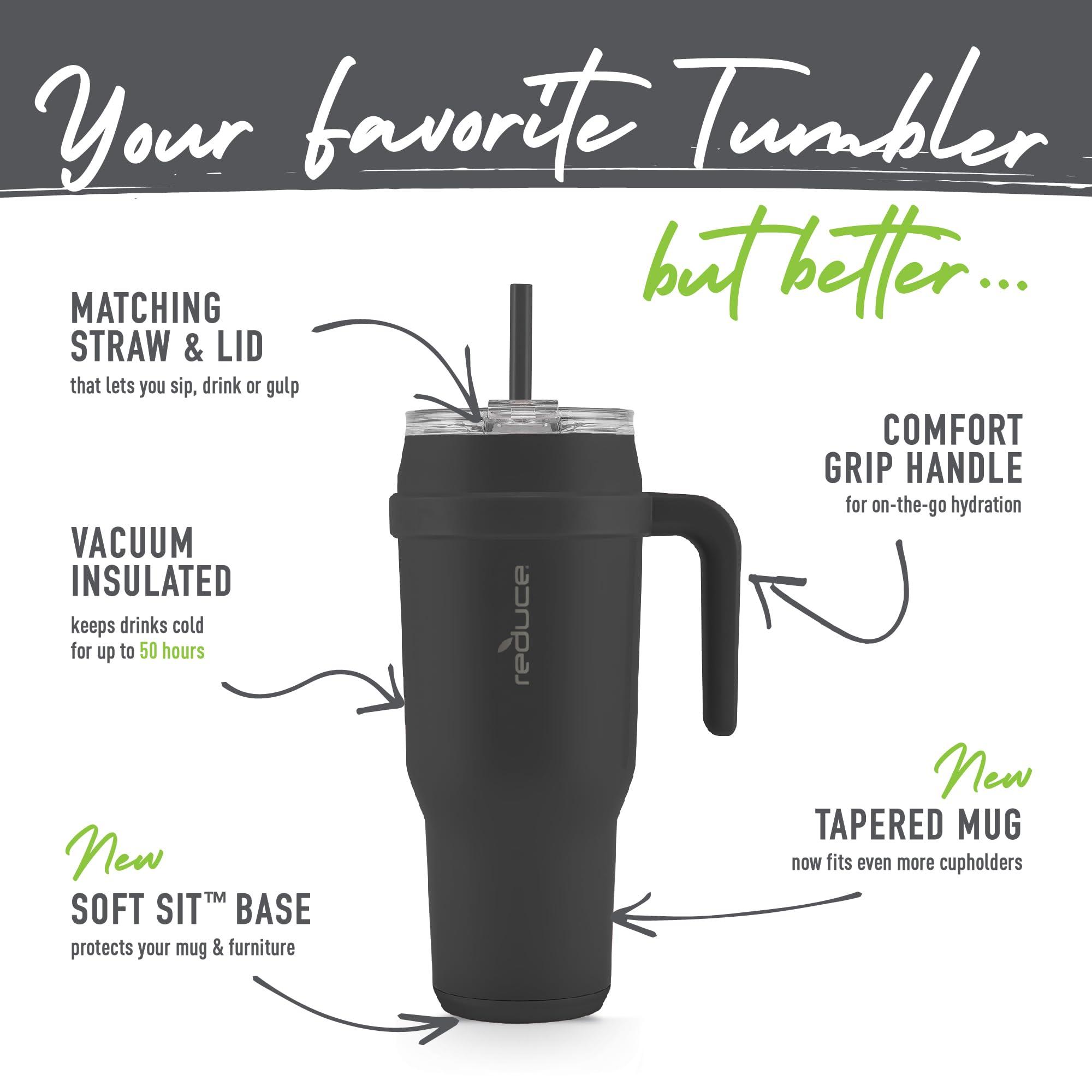REDUCE REDUCE 50 oz Stainless Steel Tumbler with Handle - Dual-Wall Vacuum Insulated Travel Mug, Sweat-Proof Lid & Reusable Straw - Keeps Drinks Cold for 24 Hrs, Fits Cupholders, Dishwasher Safe - Black