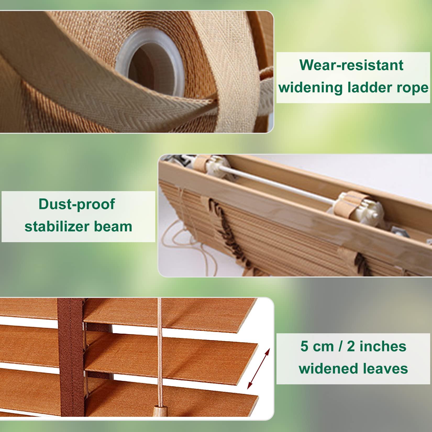 Fiunkes Blackout Venetian Shutter Wood Window Blinds, Wooden Venetian Blinds, 2'' Slats Heat Insulation Window Decoration, Filtered Light Horizontal Blinds, Privacy Wood Blinds,Brown,30.5'' W x 60'' H