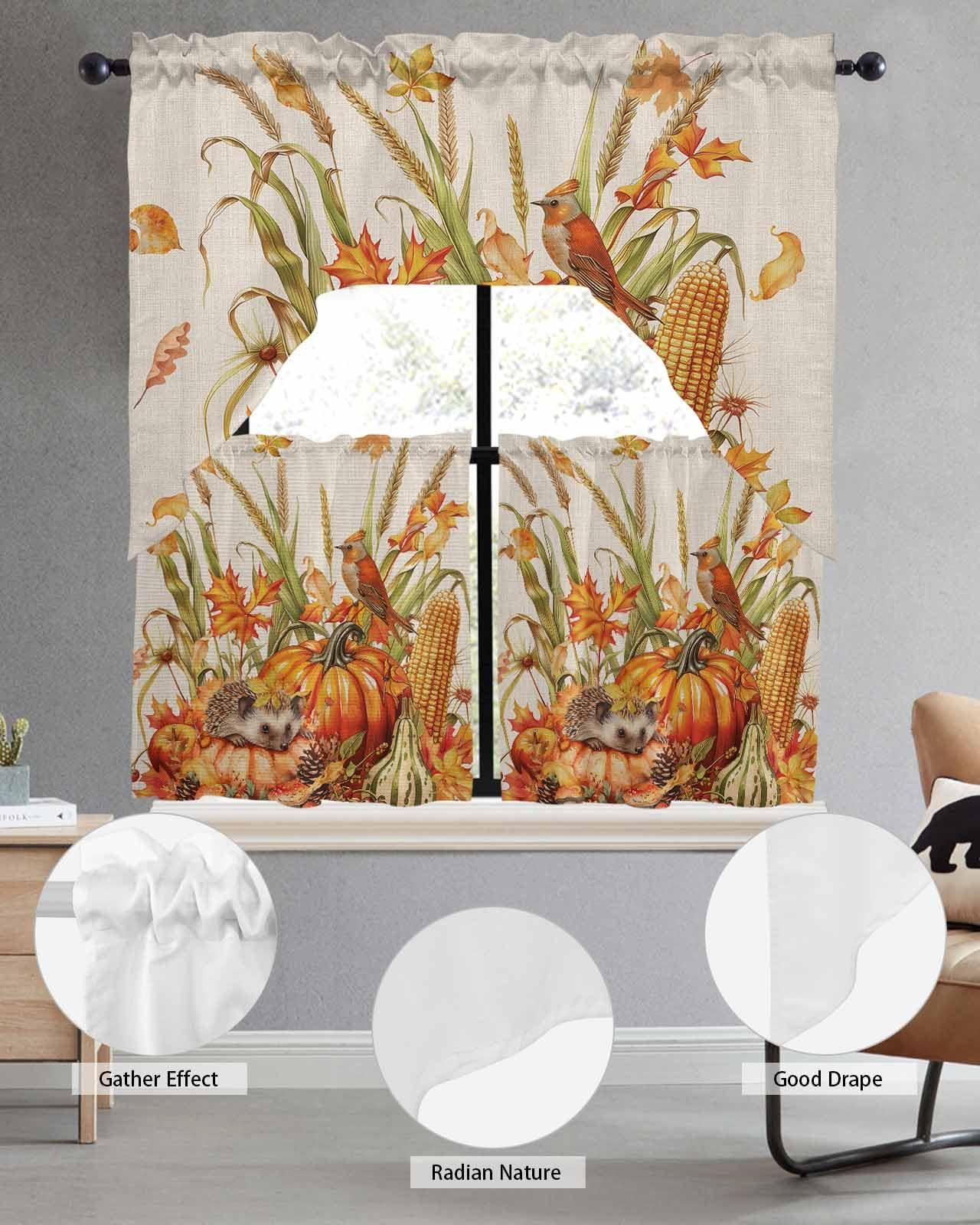 Onekaccu Fall Pumpkins Swag Curtains Valance and Tier Set,Rod Pocket Curtain Drapes for Bathroom Over Sink Kitchen Curtains 3 Piece Set Thanksgiving Autumn Orange Beige Wheat Swag Valances 24 inches Tiers