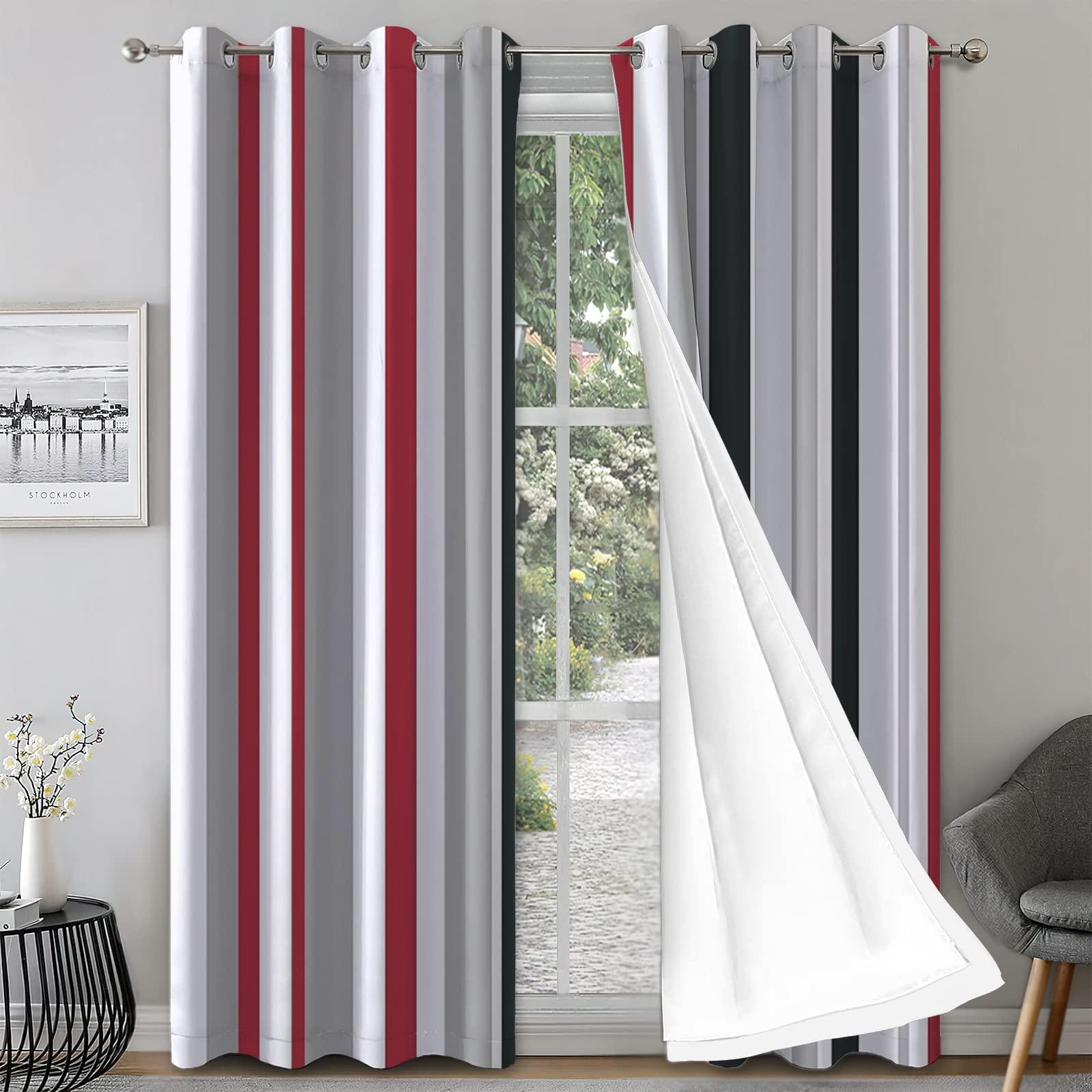 MPUTIE Modern Fashion Blackout Window Curtains, Simple Dark Red Black White and Gray Stripes Kids Curtains, Thick Polyester Privacy Drapes for Living Room Bedroom Kitchen Dorm 2 Panels Set - 52x84Inch