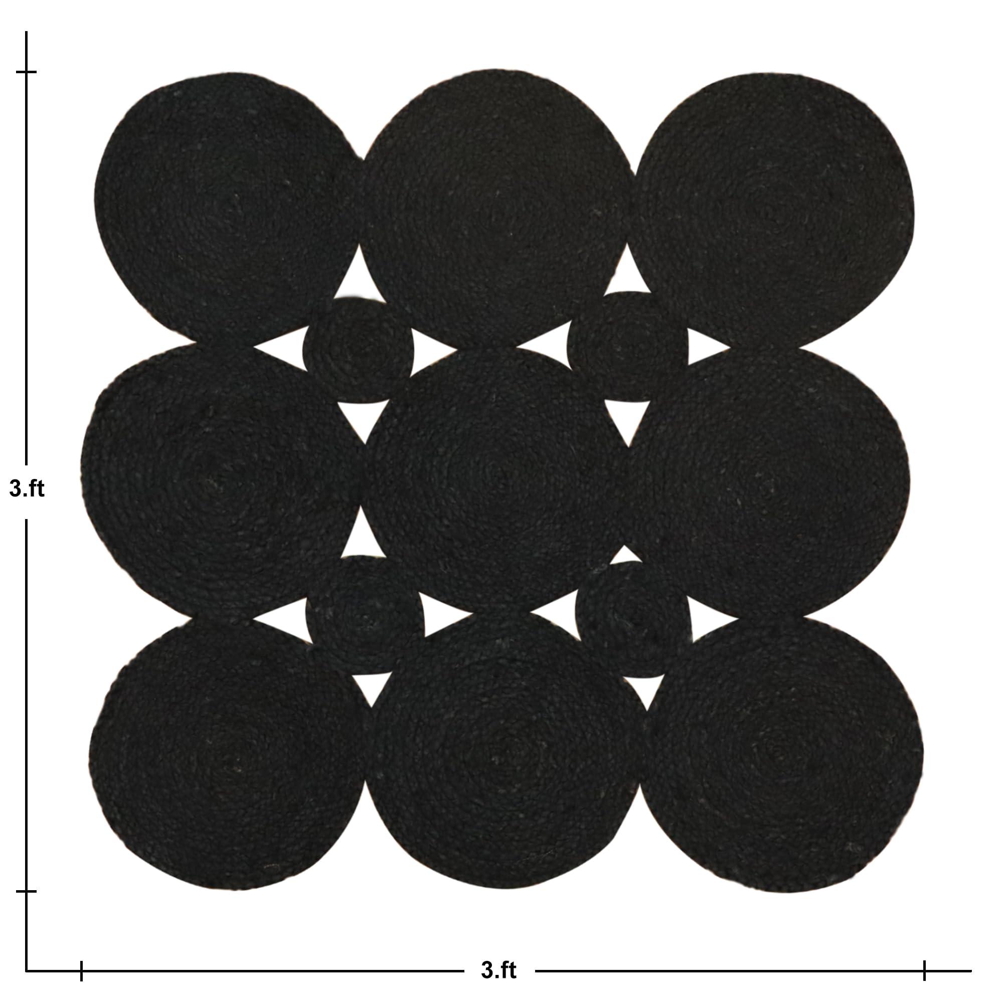 CASAVANI CASAVANI Scalloped Jute Rug Kilim Rug 4' Square Rug Black Hand Braided Jute Cape Cod Design Thick 0.19 inches Flatweave Rug Indoor Outdoor Use Rugs for Kitchen, Bedside, Enterway