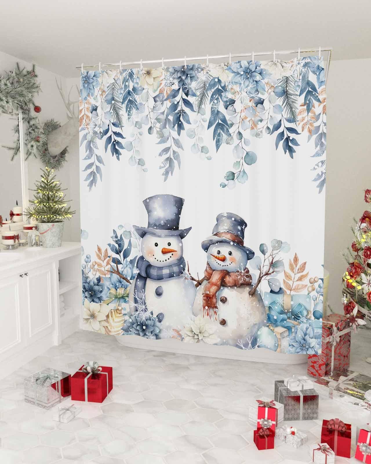 Amaze-Home Christmas Shower Curtains for Bathroom, Snowman Shower Curtain Set with Hooks Eucalyptus Leaves Waterproof Fabric Bathroom Curtains for Showers Bathtubs Winter Holiday Bath Decoration 36x78 inch
