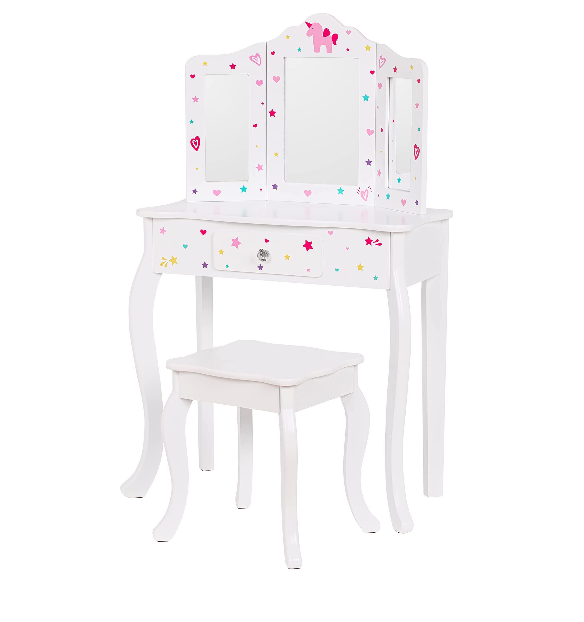 UTEX UTEX Pretend Play Kids Vanity Table and Chair Vanity Set with Mirror Makeup Dressing Table with Drawer, Play Vanity Set,White