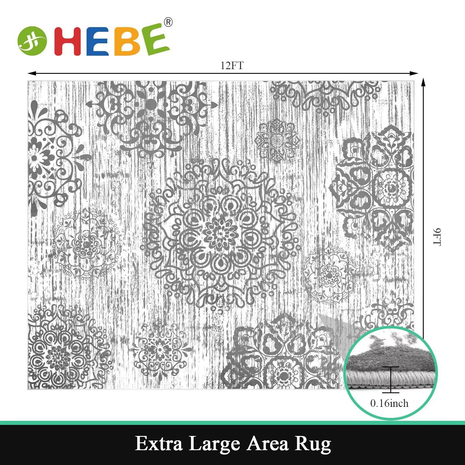 HEBE RUGS HEBE Washable Area Rug 9'x12' Non Slip Soft Distressed Medallion Bedroom Rug Boho Living Room Rug Accent Throw Rugs Vintage Entry Rug Floor Carpet for Dining Room Bathroom