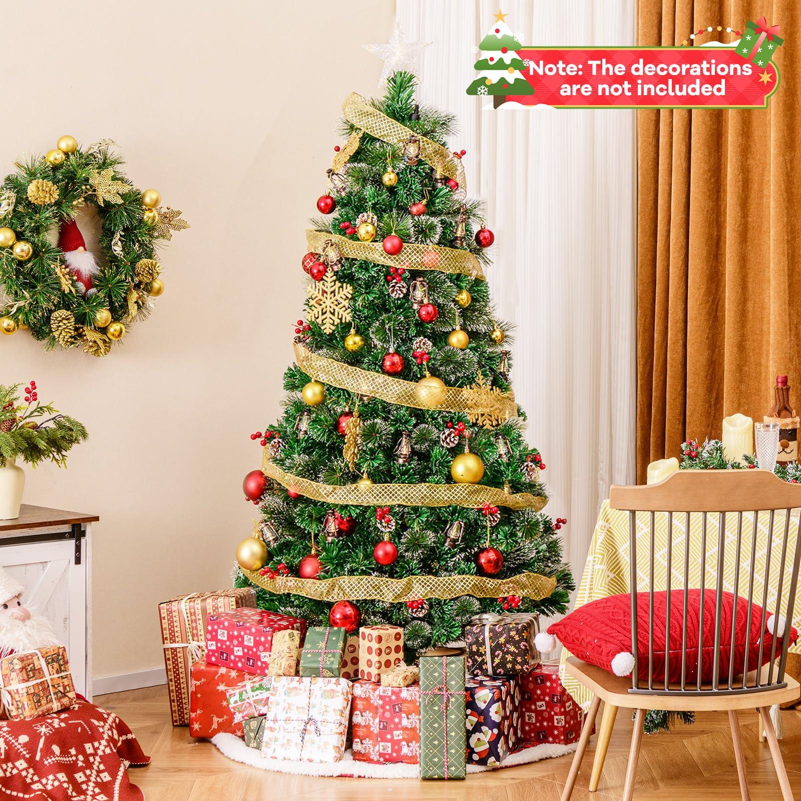 Goplus Goplus 7ft Pre-Lit Fiber Optic Christmas Tree, Artificial Snowy Xmas Tree with 80 Warm White LED Lights, 8 Modes, 270 PVC Leaves & Pine Needles, Pine Cones, Red Berries, Office Home Decoration