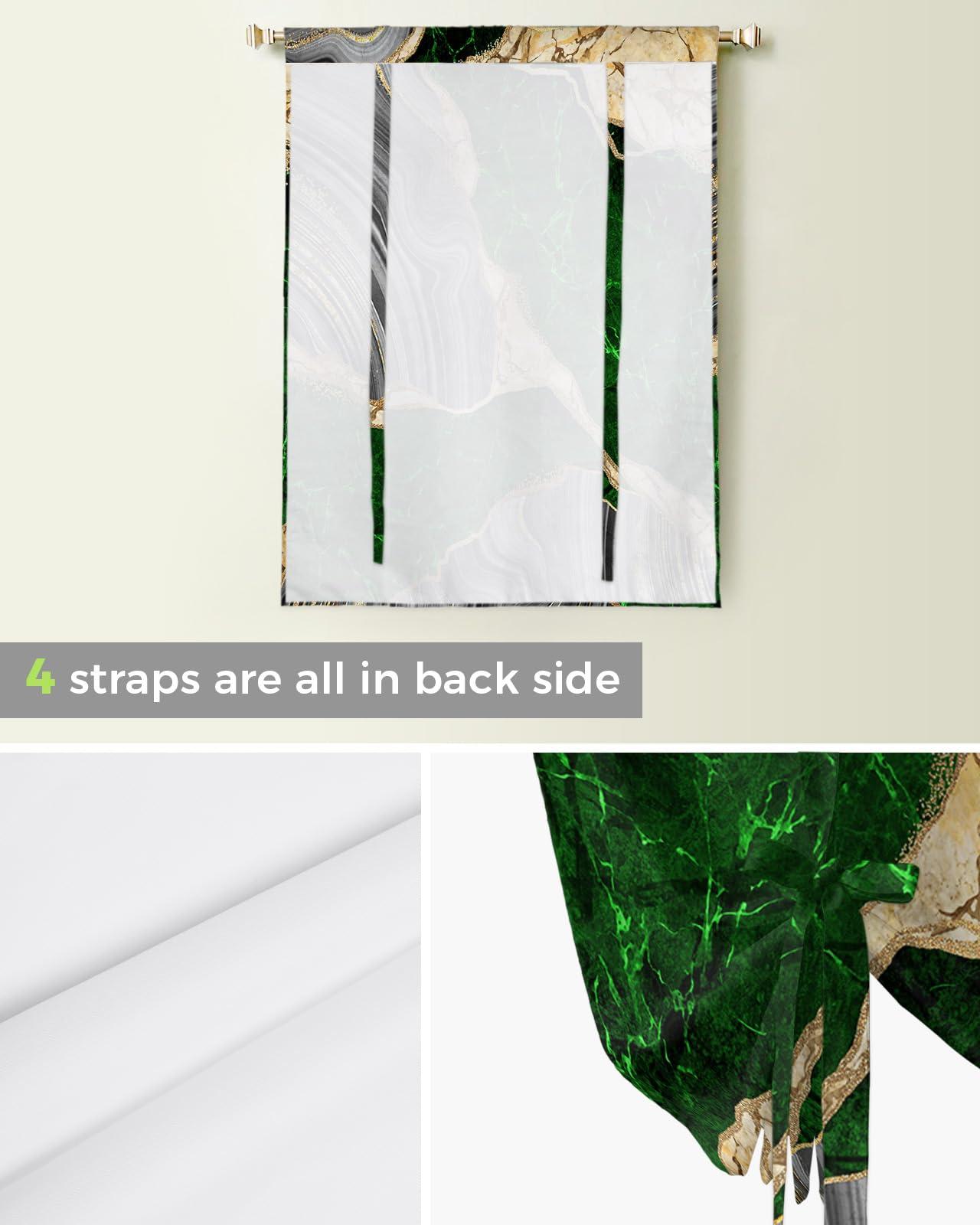 Yukro Tie Up Curtains Window Shades, Abstract Emerald Green Grey Gold Marble Rod Pocket Tie Up Window Shade, Adjustable Balloon Curtain Shade for Blinds Kitchen Bathroom, 1 Panel, 52"x45"